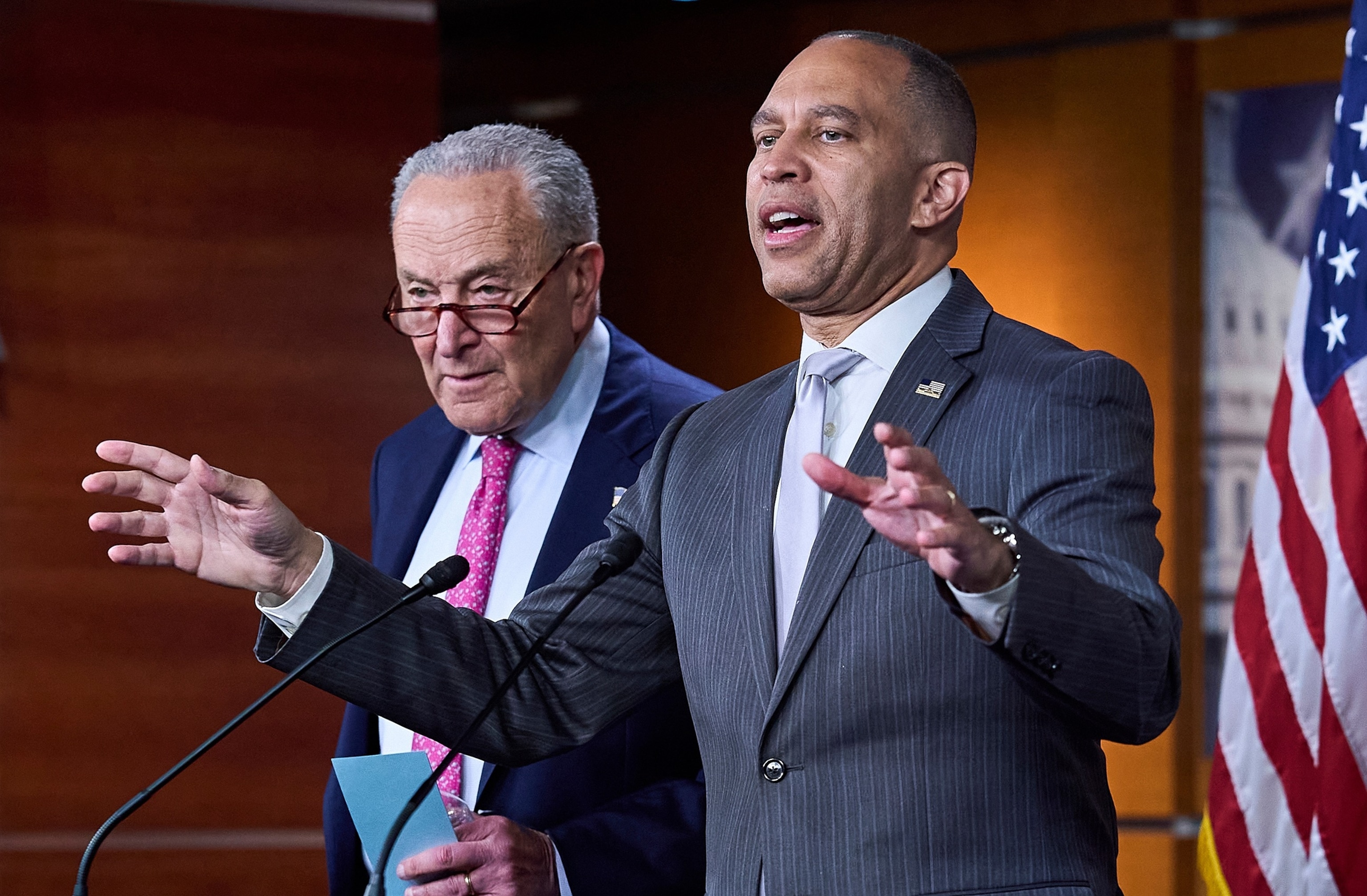 PHOTO: Senate Minority Leader Chuck Schumer,  and House Minority Leader Hakeem Jeffries hold a news conference at the Capitol in Washington, June 11, 2025. 
