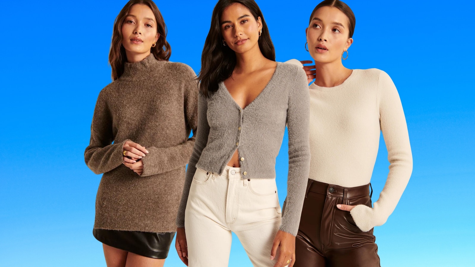 Abercrombie DreamLush Slim Crew Sweater, Oversized Boucle Turtleneck and Eyelash Slim Cardigan.