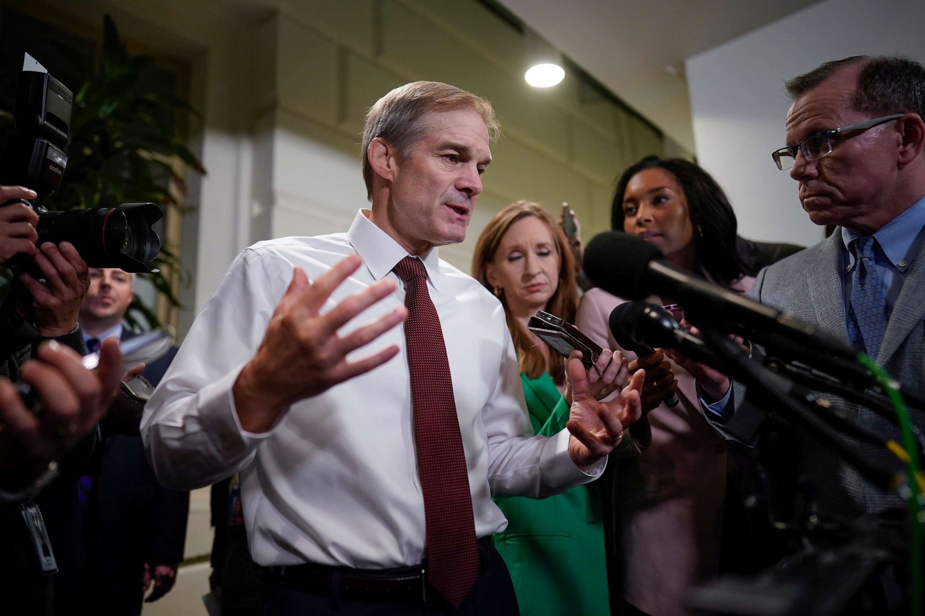 PHOTO: Rep. Jim Jordan chairman of the House Judiciary Committee, speaks with reporters following a closed door meeting with House Republicans as he looks for decisive support to become speaker, at the Capitol, Oct. 16, 2023.