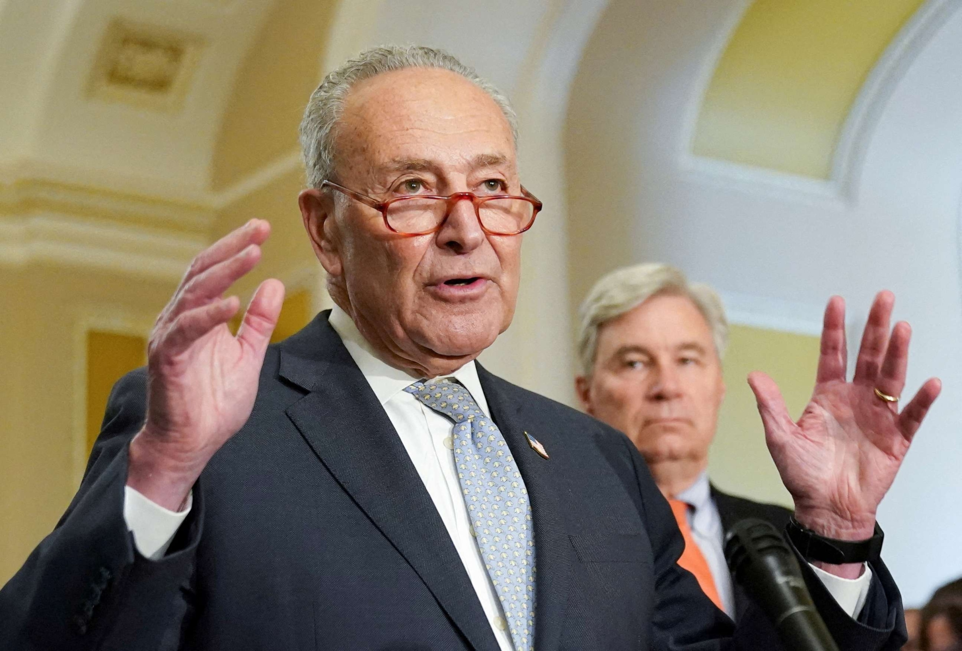 PHOTO: Senate Majority Leader Chuck Schumer speaks to reporters in the U.S. Capitol in Washington, June 13, 2023.