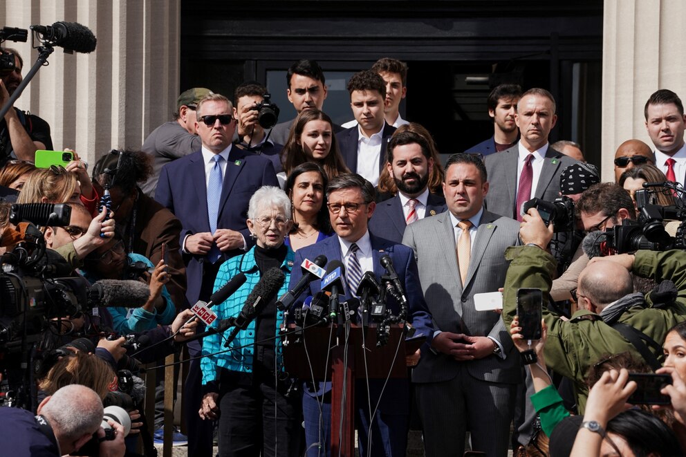 PHOTO: Speaker of the House of Representatives Mike Johnson attends a news conference at Columbia University in response to demonstrators protesting in support of Palestinians in New York, April 24, 2024.