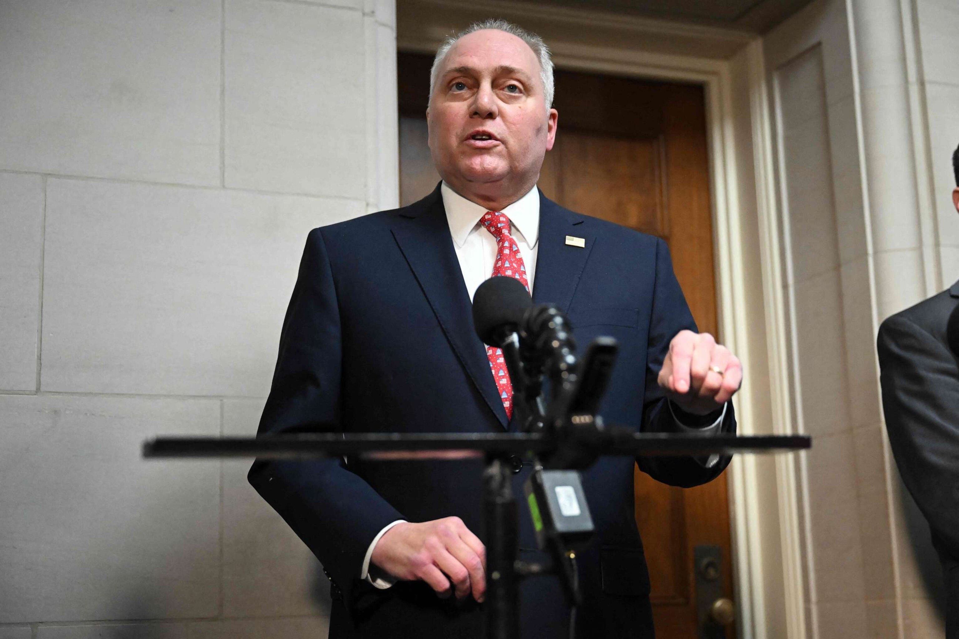 PHOTO: House Majority Leader Steve Scalise speaks to reporters outside a candidate forum with House Republicans to hear from members running for speaker in the Longworth House Office Building on Capitol Hill, Oct. 10, 2023.