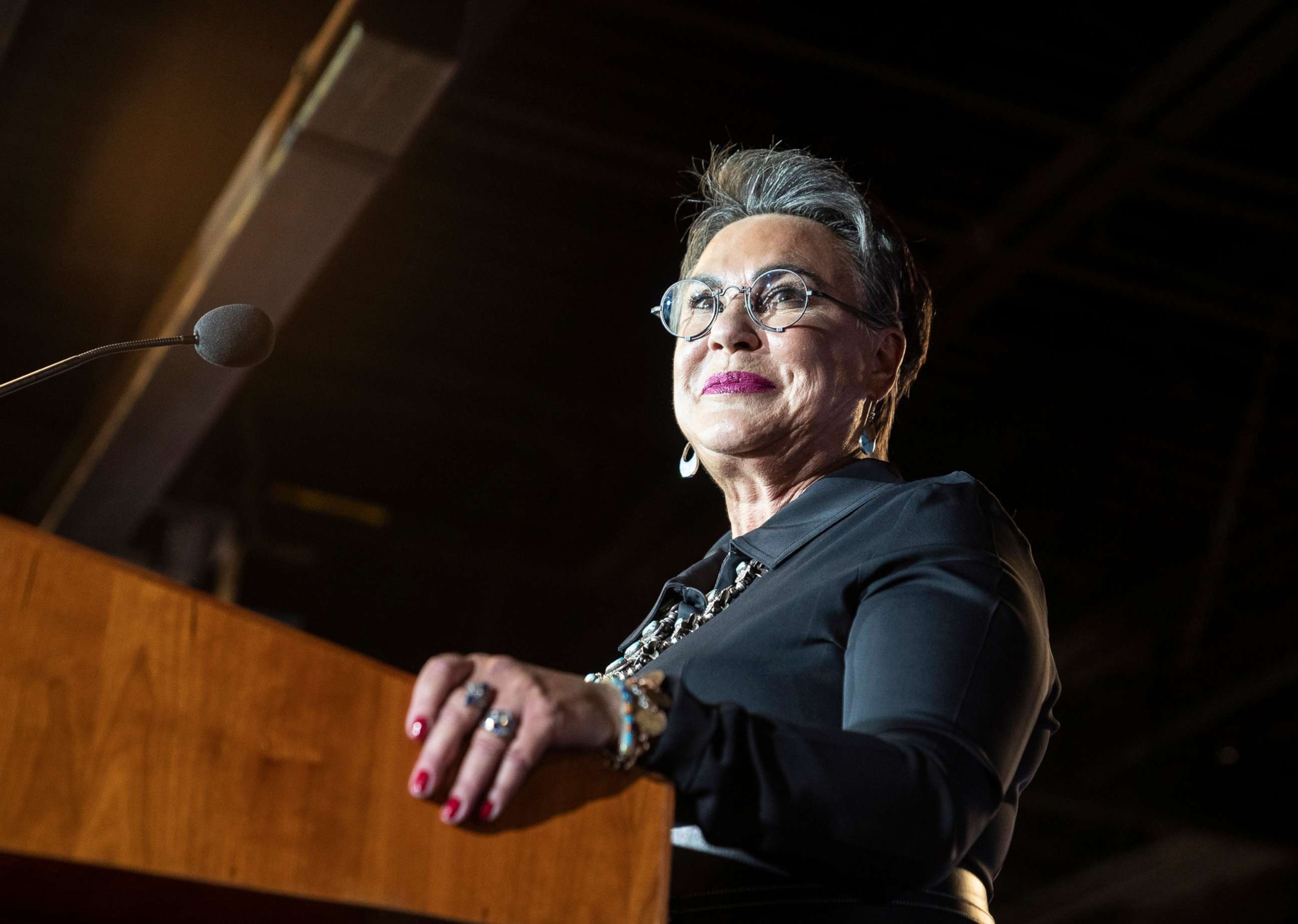 PHOTO: Wyoming Republican congressional candidate Harriet Hageman speaks during a primary election night party, Aug. 16, 2022, in Cheyenne, Wyo.