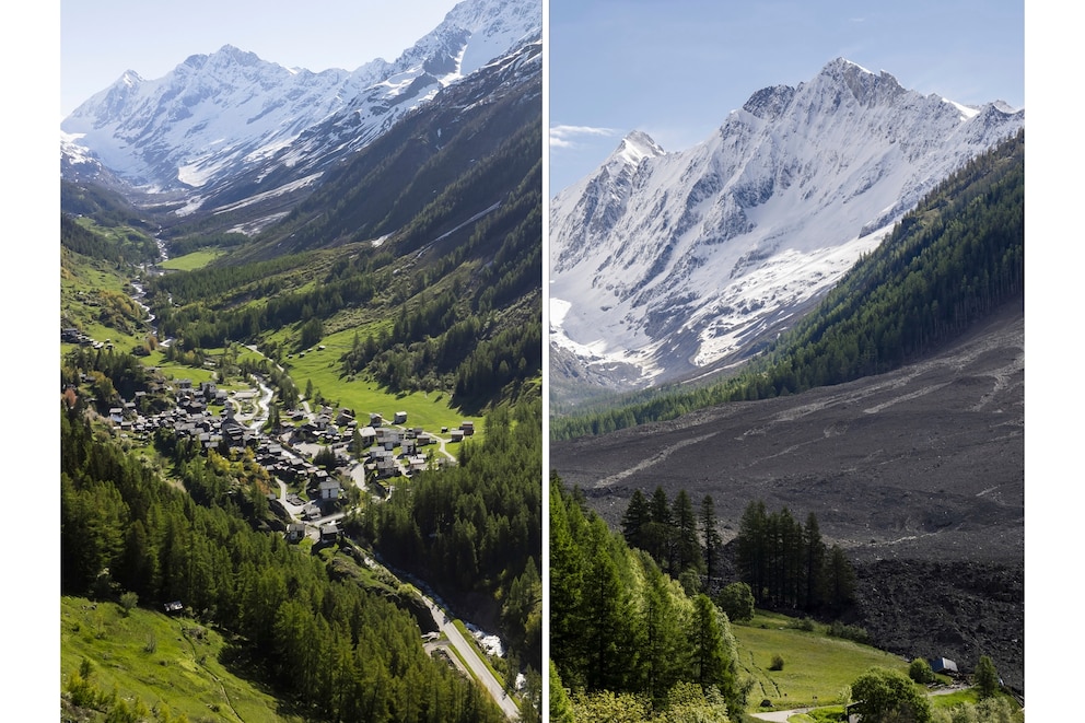 PHOTO: This combo picture shows the village of Blatten photographed on Sunday, May 18, 2025, left, and a view captured one day after a massive debris avalanche triggered by the collapse of the Birch Glacier demolised Blatten, Switzerland, May 29, 2025. 