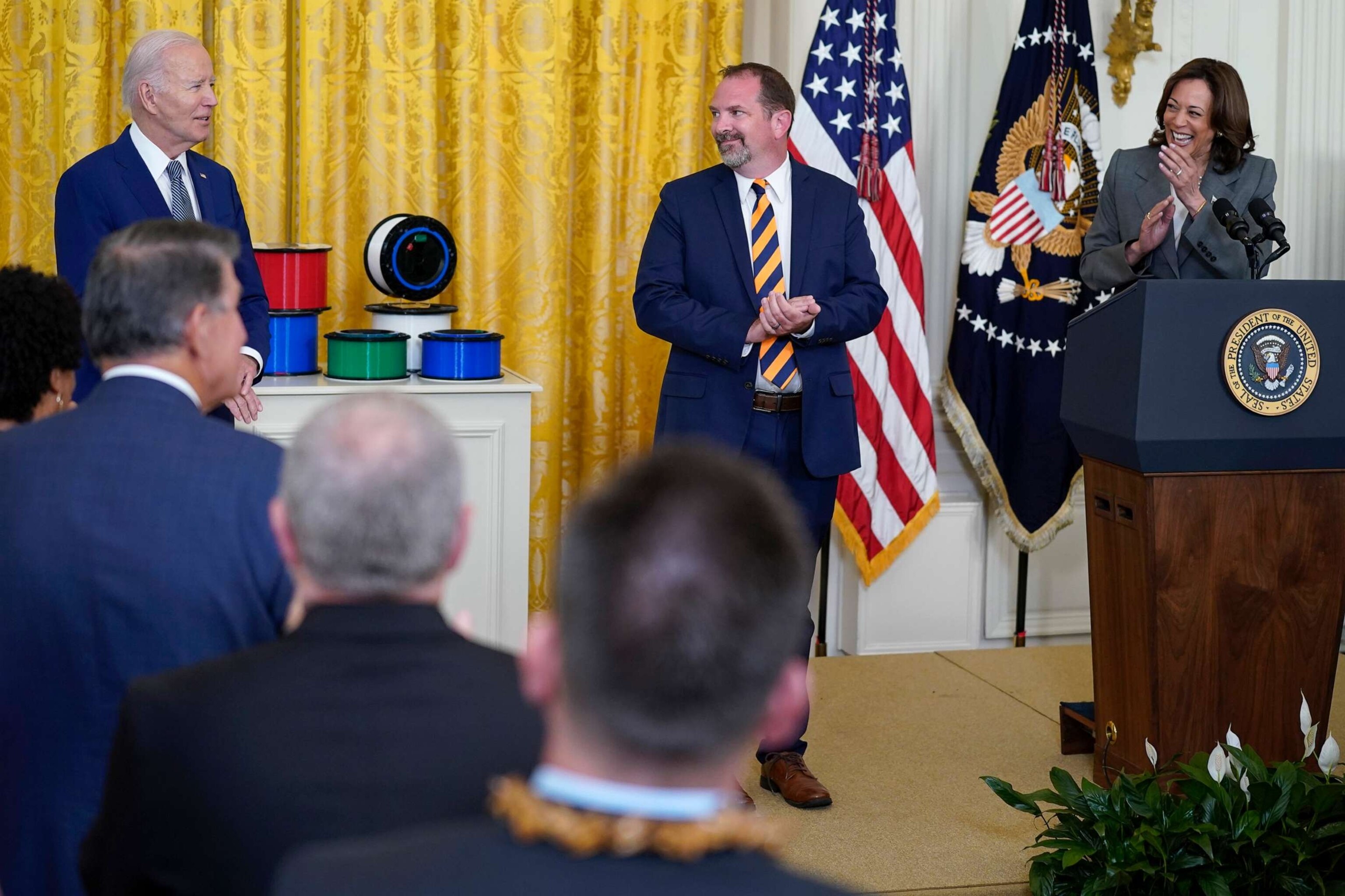 PHOTO: Vice President Kamala Harris and Jeff Say applaud President Joe Biden during an event about high speed internet infrastructure, in the East Room of the White House, June 26, 2023.