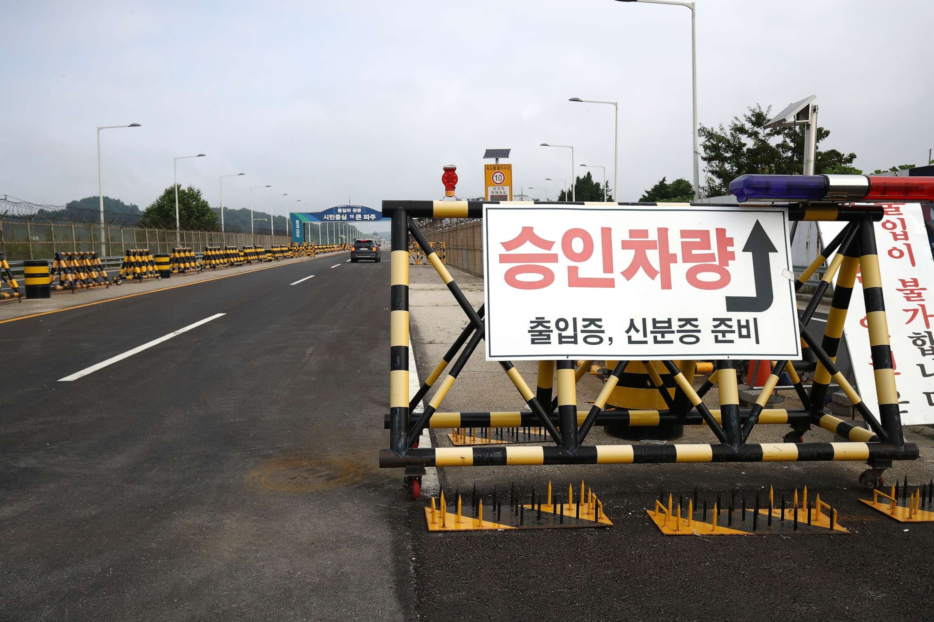 PHOTO: Barricades are placed near the Unification Bridge, which leads to the Panmunjom in the Demilitarized Zone on July 19, 2023 in Paju, South Korea.