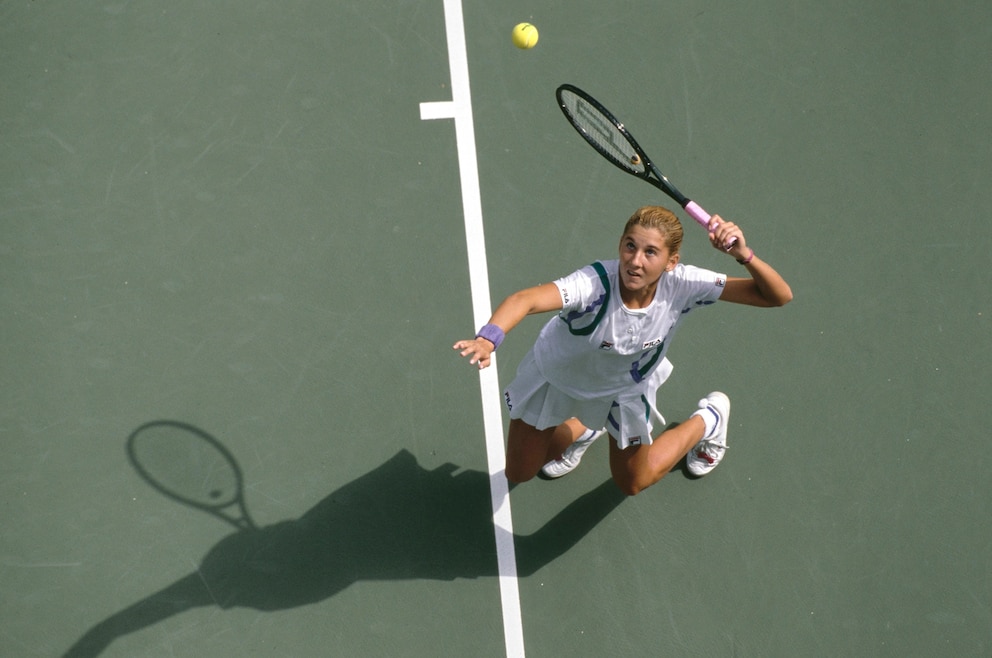 PHOTO: In this Sept. 1, 1989, file photo, Monica Seles serves to Shaun Stafford of the United States during their Women's Singles Third Round match of the U.S. Open Tennis Championship at the USTA National Tennis Center in Queens, New York.