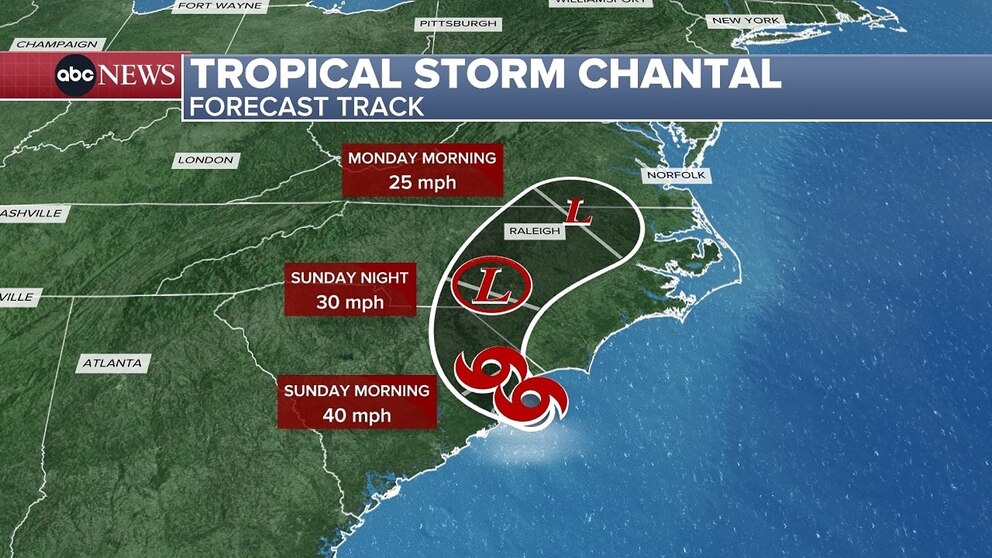PHOTO: An ABC News graphic shows the expected track of Tropical Storm Chantal as of Sunday, July 6, 2025. 