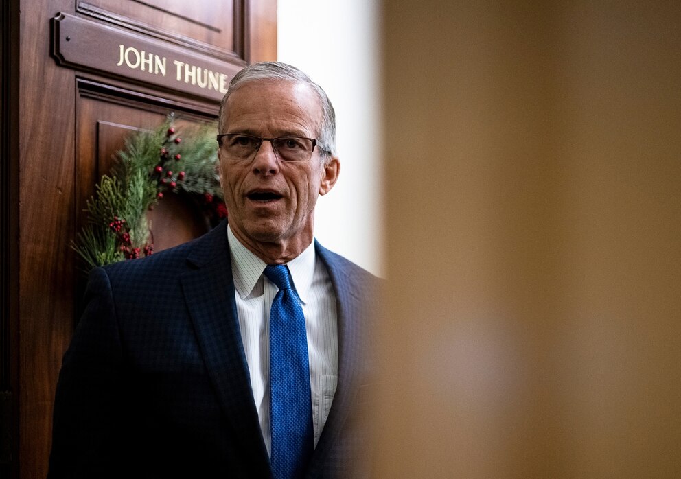 PHOTO: Senate Majority Leader John Thune speaks with reporters after the Senate approved the House resolution to force the release of Justice Department files on the late convicted sex offender Jeffrey Epstein in Washington, Nov. 18, 2025.