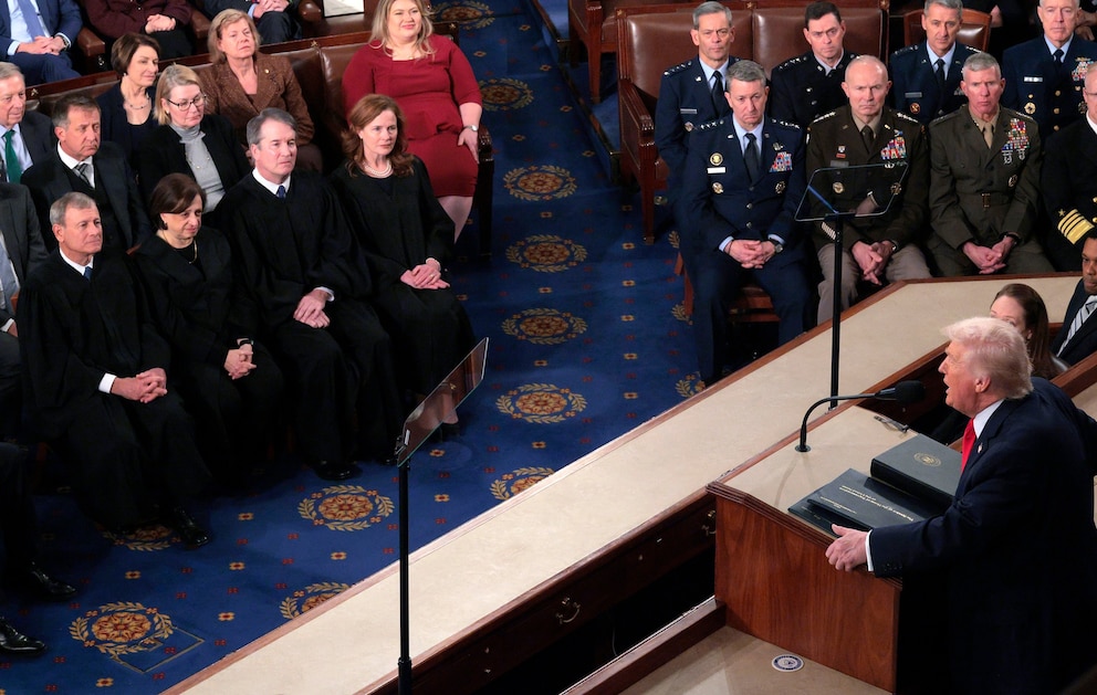 PHOTO: Supreme Court Chief Justice John Roberts, Associate Justice Elena Kagan, Associate Justice Brent Kavanaugh and Associate Justice Mary Coney Barrett attend the State of the Union at the U.S. Capitol on Feb. 24, 2026, in Washington, D.C.