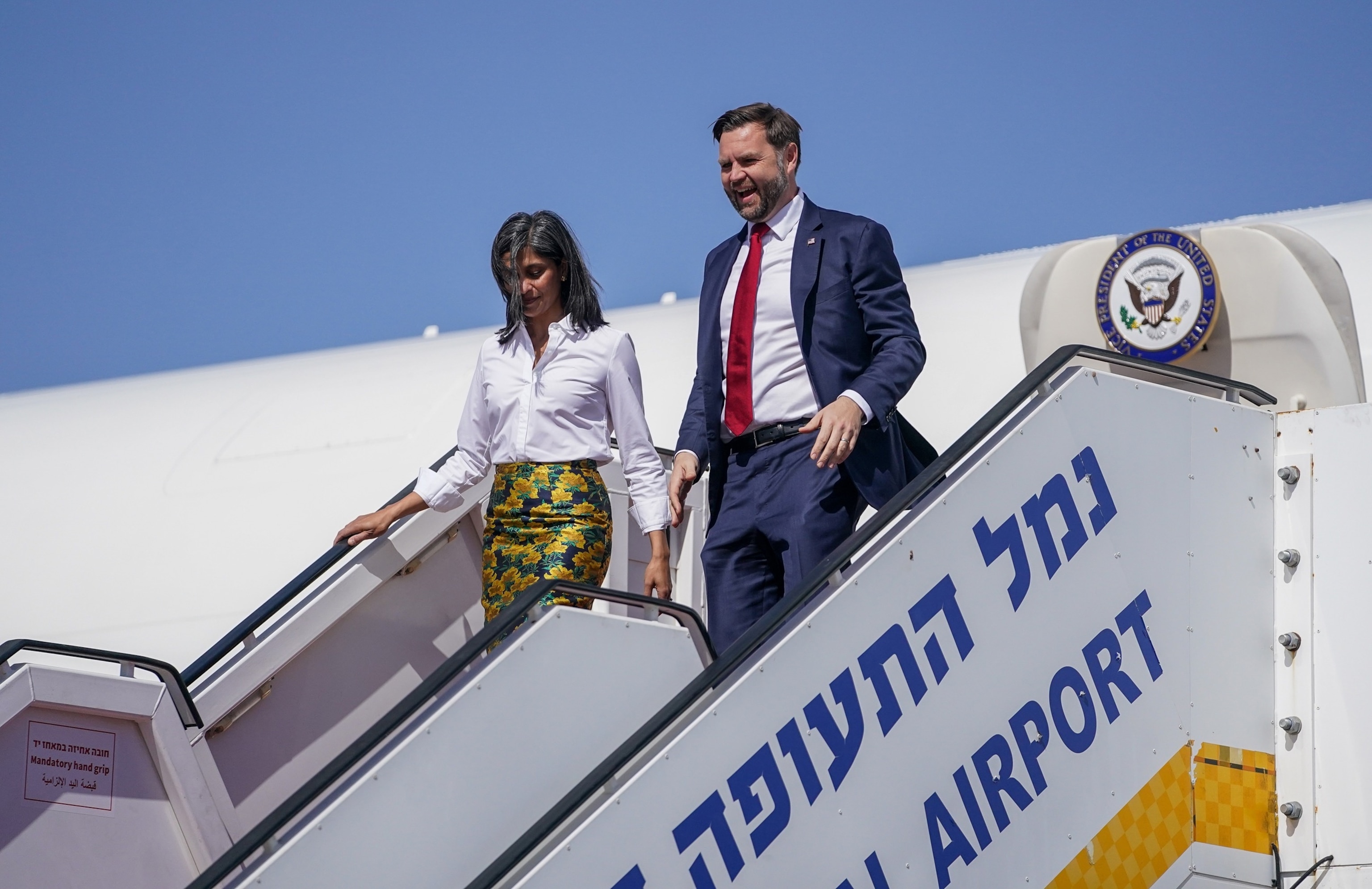 PHOTO: Vice President J.D. Vance, and Second Lady Usha Vance disembark Air Force Two on arrival to Ben Gurion airport on October 21, 2025  in Tel Aviv, Israel.