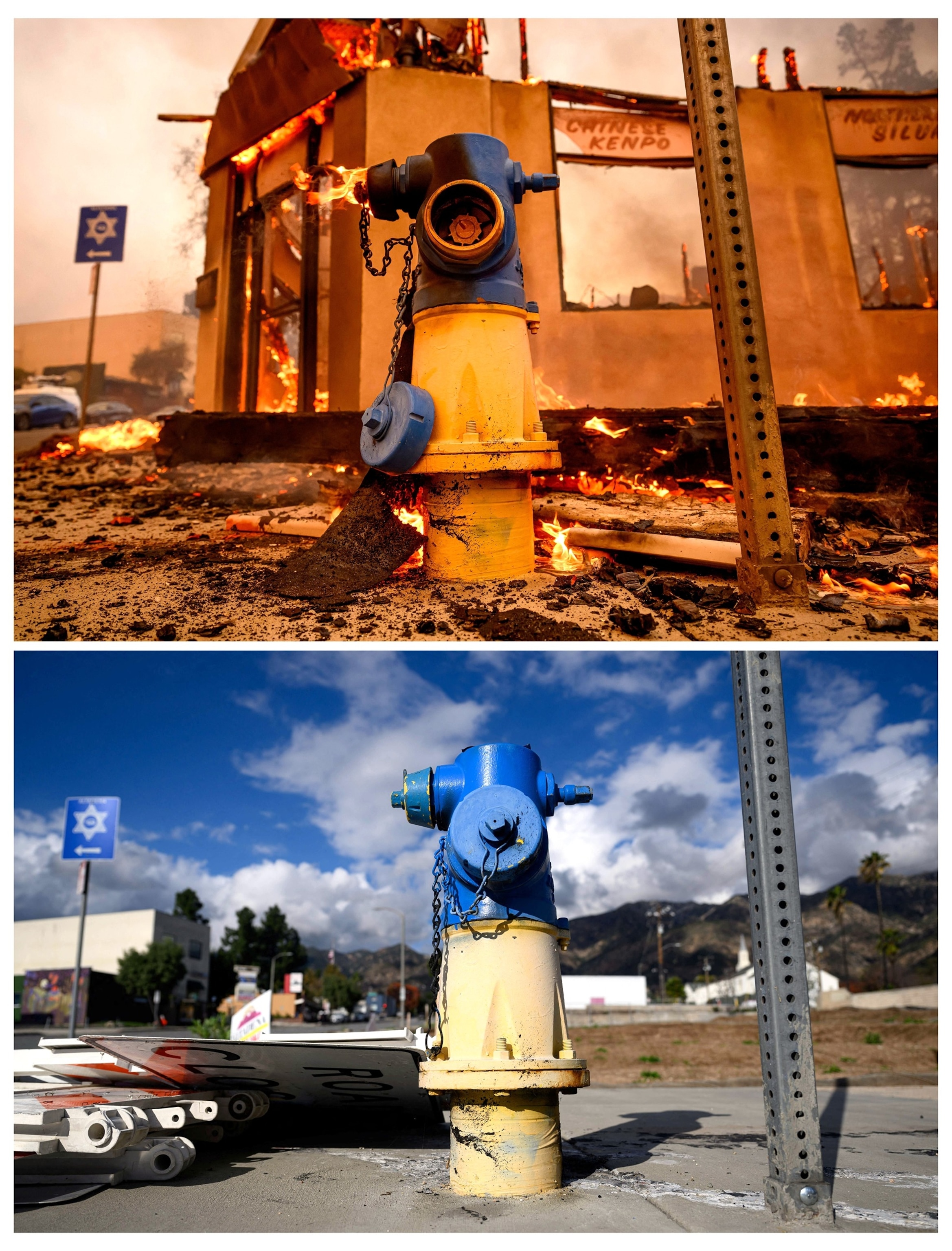 PHOTO: The Two Dragons Martial Arts Studio burns during the Eaton fire in the Altadena area of Los Angeles County, Calif., on Jan. 8, 2025. | A vacant commercial lot where the Eaton fire burned nearly one year ago in Altadena, Calif., on Jan. 5, 2026.