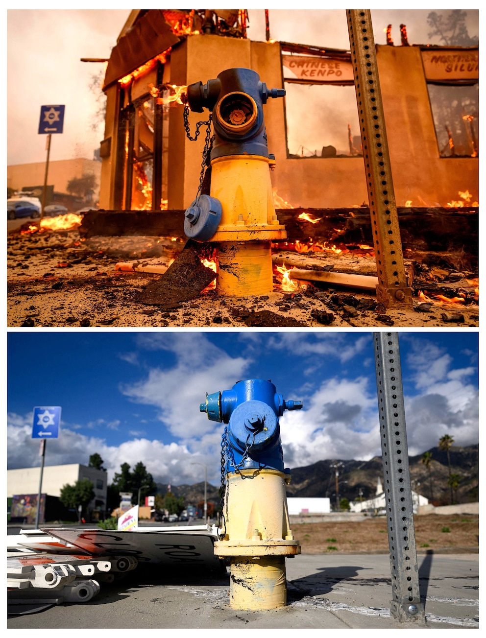 PHOTO: The Two Dragons Martial Arts Studio burns during the Eaton fire in the Altadena area of Los Angeles County, Calif., on Jan. 8, 2025. | A vacant commercial lot where the Eaton fire burned nearly one year ago in Altadena, Calif., on Jan. 5, 2026.