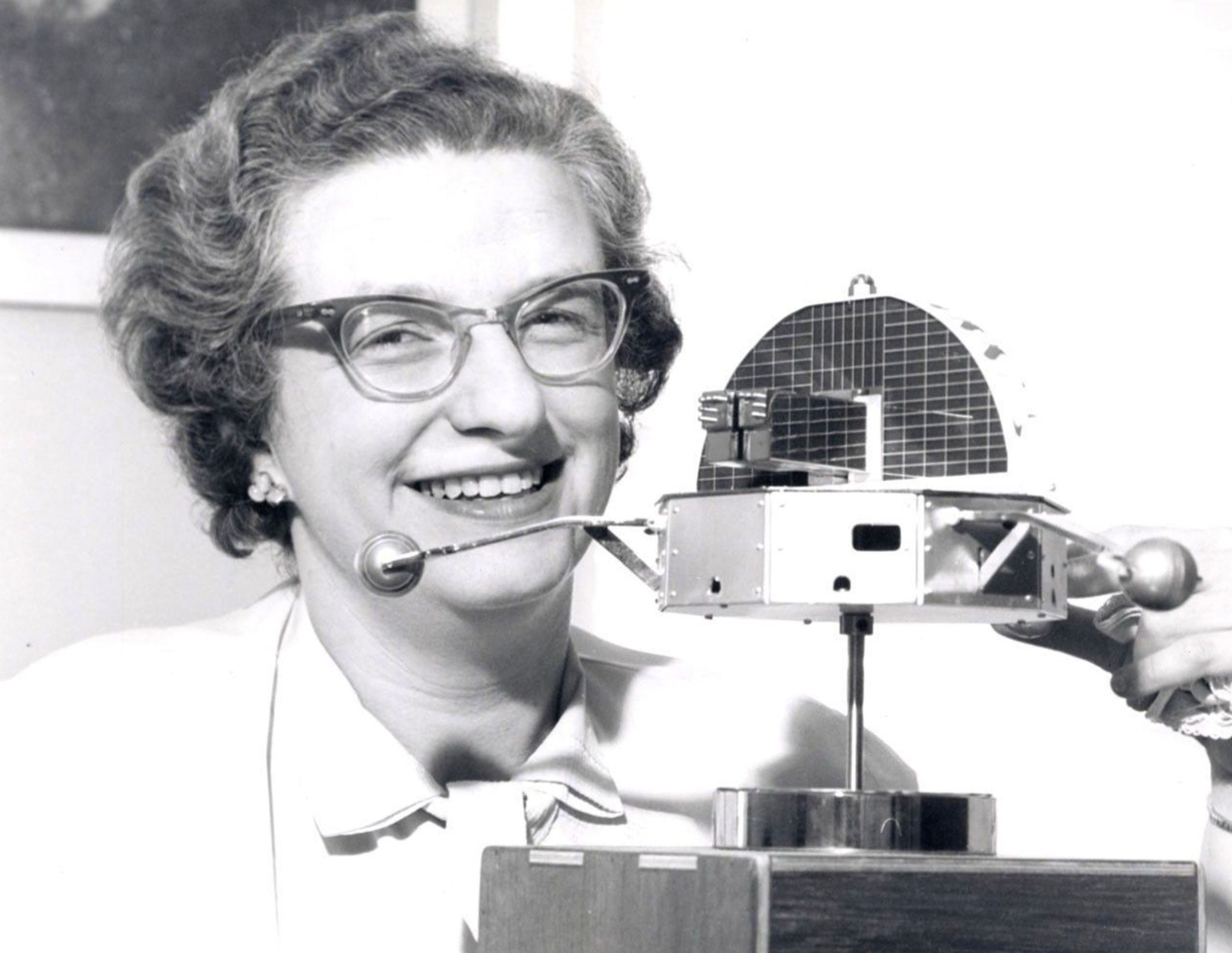 PHOTO: Dr. Nancy Grace Roman is shown with a model of the Orbiting Solar Observatory (OSO) in 1962. She was the first Chief of Astronomy in the Office of Space Science at NASA Headquarters and the first woman to hold an executive position at NASA.