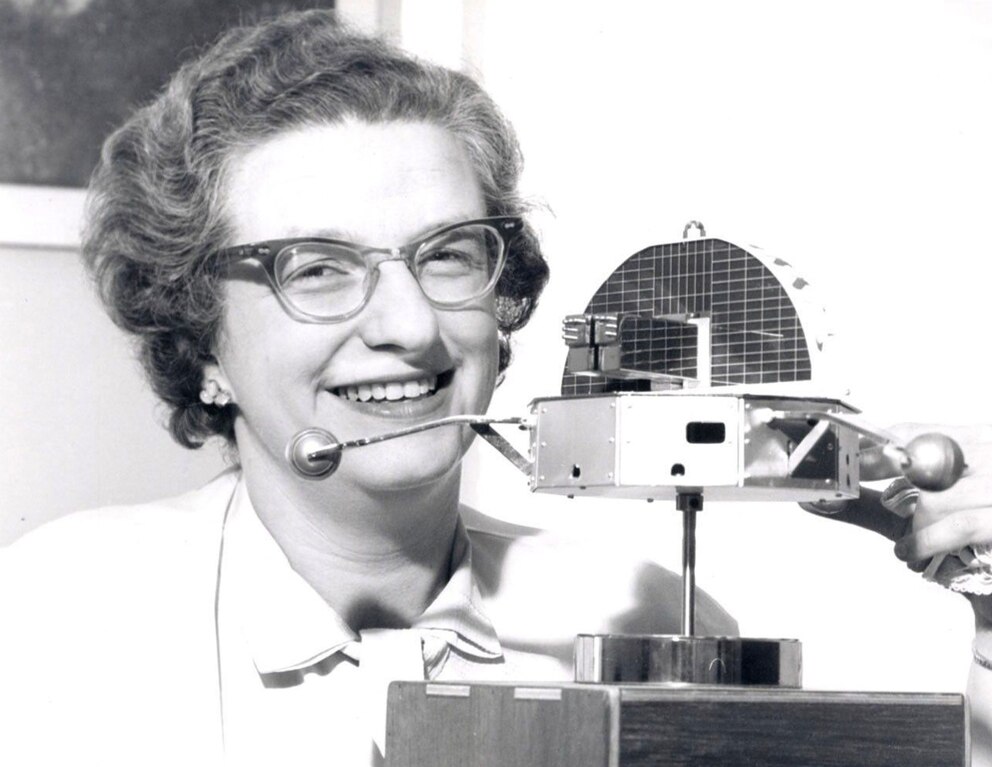 PHOTO: Dr. Nancy Grace Roman is shown with a model of the Orbiting Solar Observatory (OSO) in 1962. She was the first Chief of Astronomy in the Office of Space Science at NASA Headquarters and the first woman to hold an executive position at NASA.