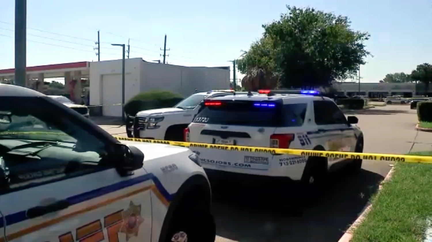Law enforcement officials are at the scene after a man was struck by a vehicle driven by an ICE agent during chase, according to the Harris Courty Sheriff's Office, on Oct. 10, 2026, in Harris County, Texas. KTRK