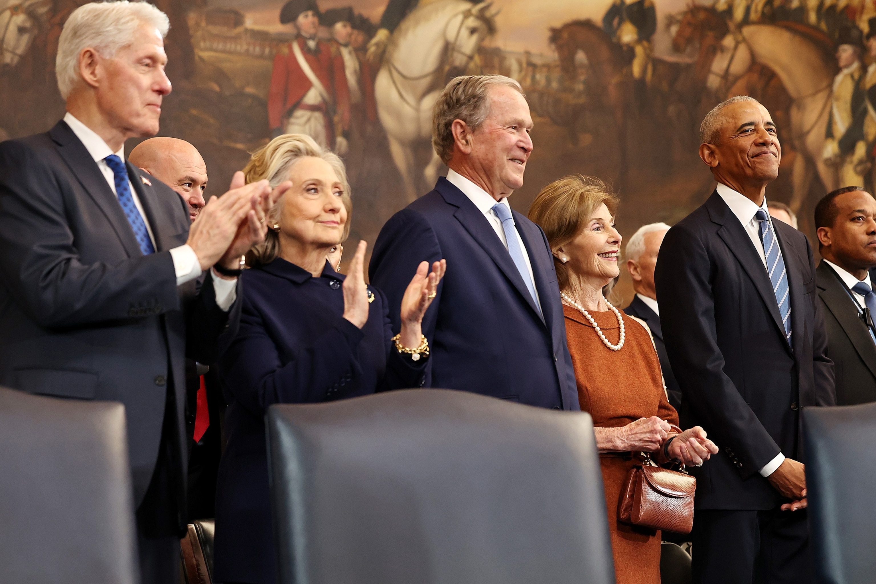 PHOTO: Former President Bill Clinton, former Secretary of State Hillary Clinton, former President George W. Bush, former first lady Laura Bush and former President Barack Obama in the Rotunda of the U.S. Capitol Jan. 20, 2025 in Washington.