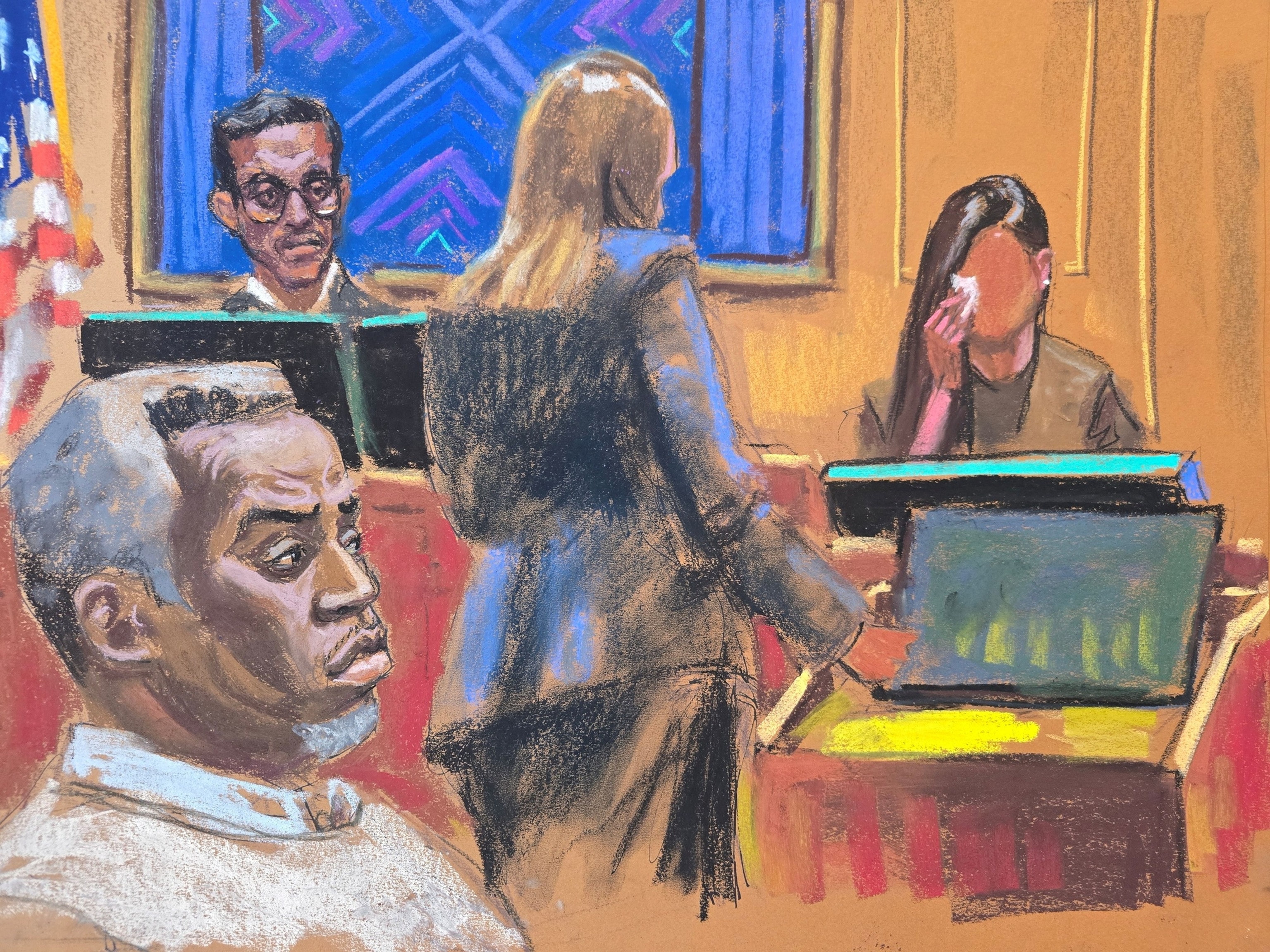 PHOTO: Sean "Diddy" Combs watches as Maurene Comey questions "Jane Doe" during Combs' sex trafficking trial in New York City, June 5, 2025 in this courtroom sketch.