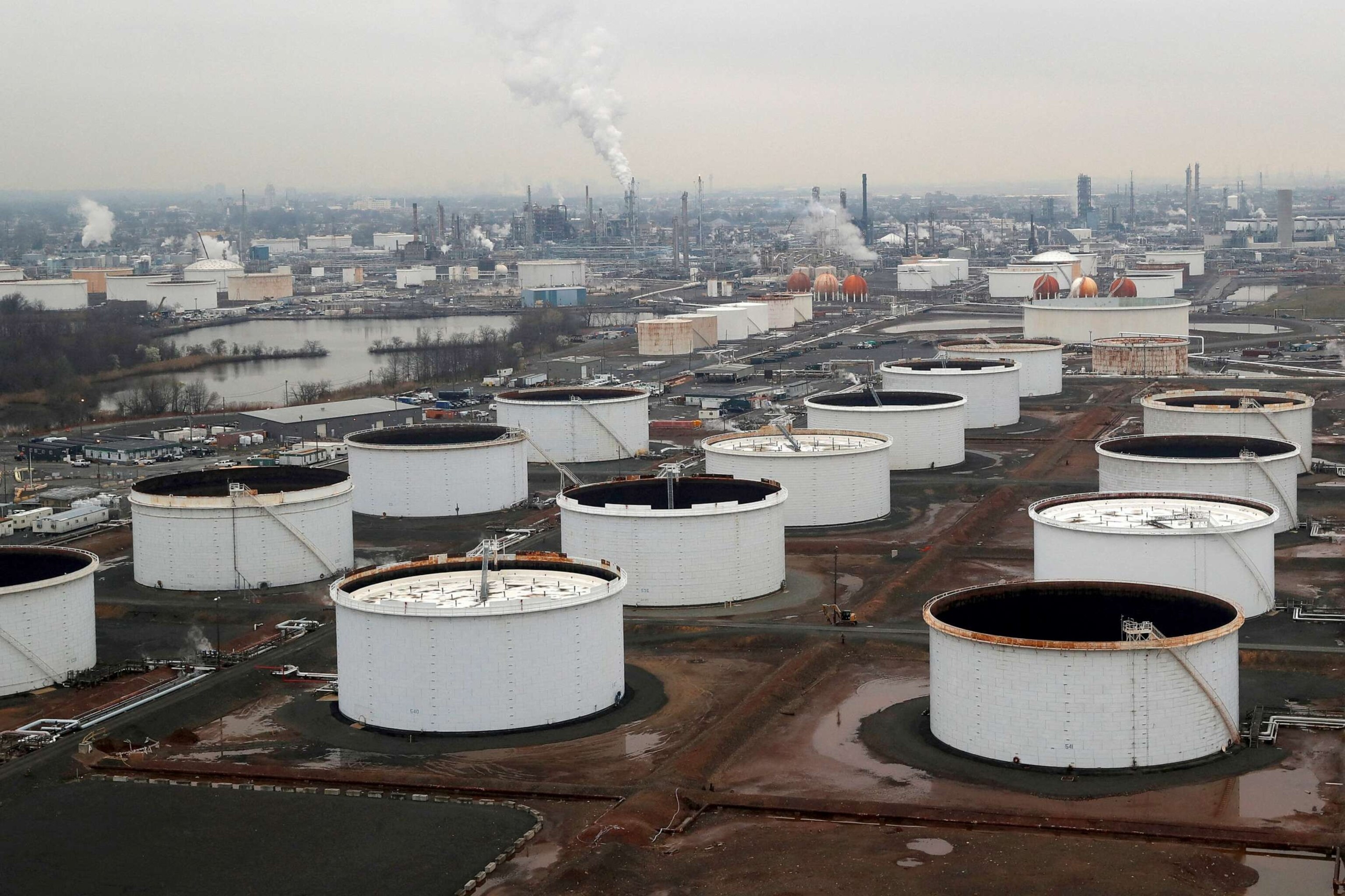 PHOTO: General view of oil tanks and the Bayway Refinery of Phillips 66 in Linden, New Jersey, March 30, 2020.