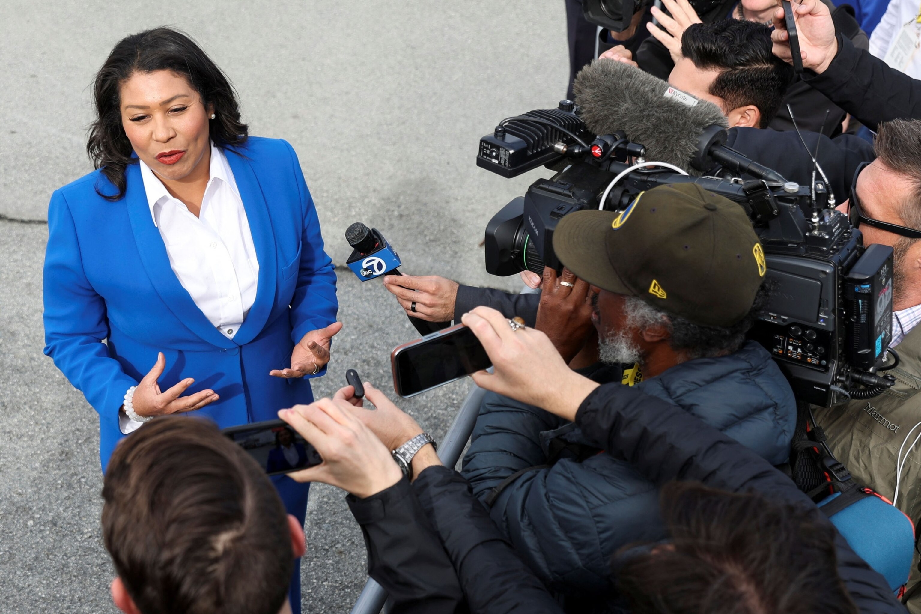 PHOTO: San Francisco Mayor London Breed speaks to the press prior to the arrival of President Joe Biden at San Francisco International Airport for the APEC (Asia-Pacific Economic Cooperation) Summit in San Francisco, Calif., Nov. 14, 2023. 