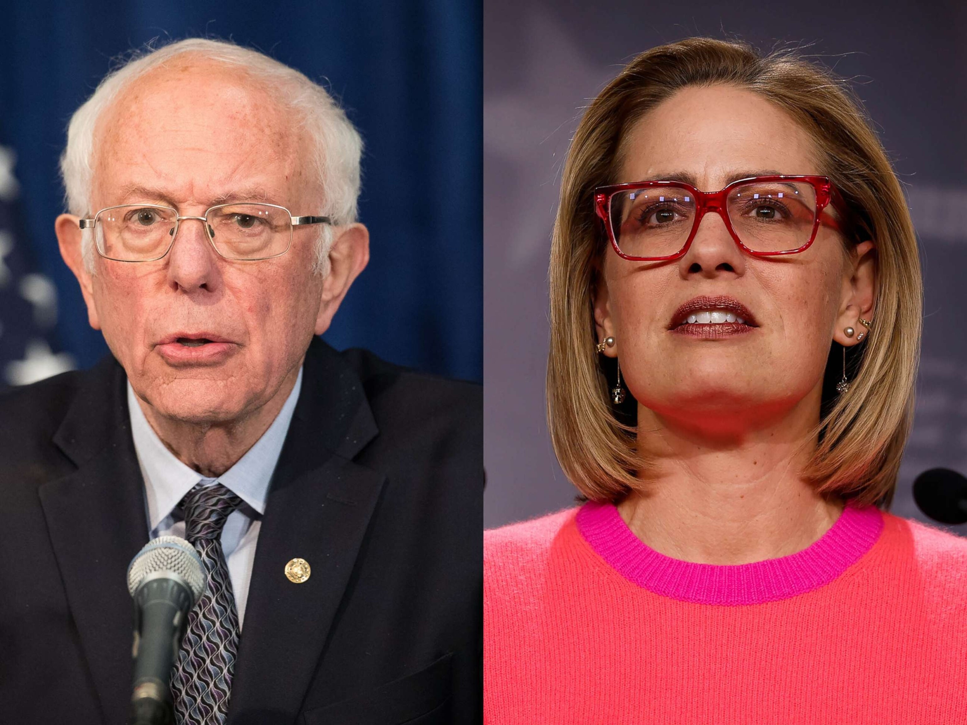 PHOTO: A split screen of Sen. Bernie Sanders and Sen. Kyrtsen Sinema