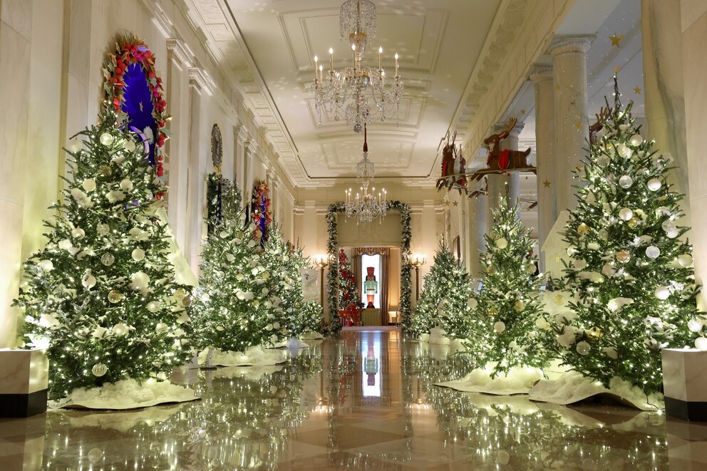 PHOTO: The Cross Hall between the East Room and the State Dining Room is lined with frosted Christmas tress during a media preview of the 2023 holiday decorations at the White House, Nov. 27, 2023. 