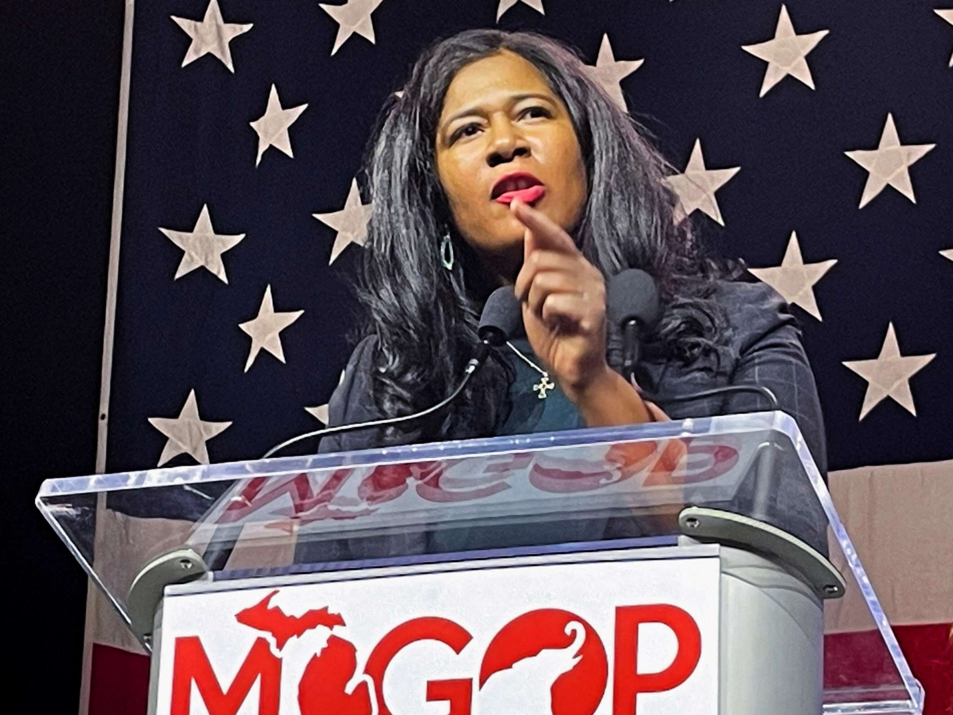 PHOTO: Kristina Karamo, a candidate for the Michigan Republican Party's state party chair, speaks to delegates ahead of their vote on the key party leadership position, in Lansing, Michigan, Feb. 18, 2023.