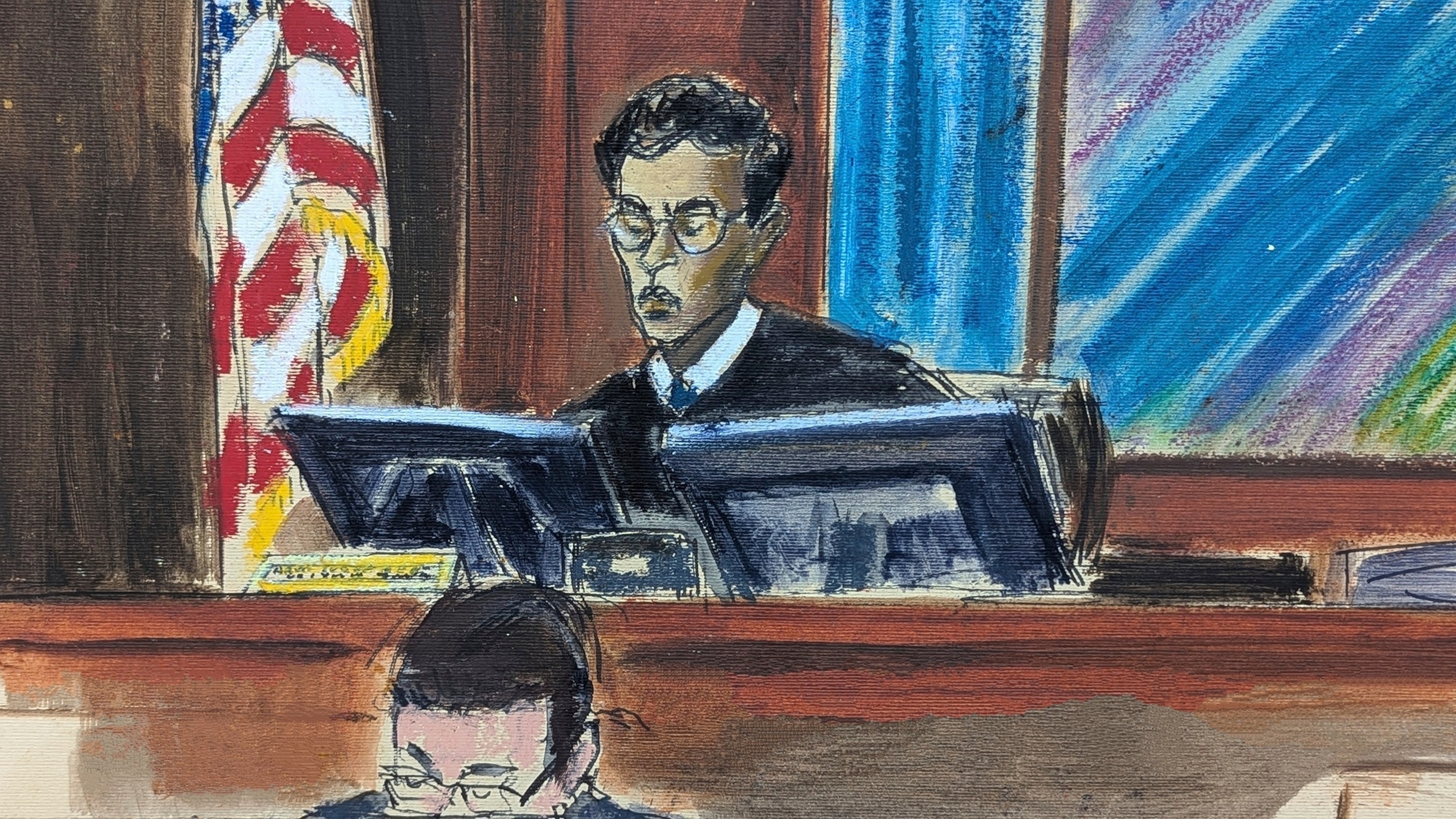 In this courtroom sketch, Judge Arun Subramanian speaks during a bail hearing for Sean "Diddy" Combs on Wednesday, July 2, 2025, in Manhattan Federal Court in New York.