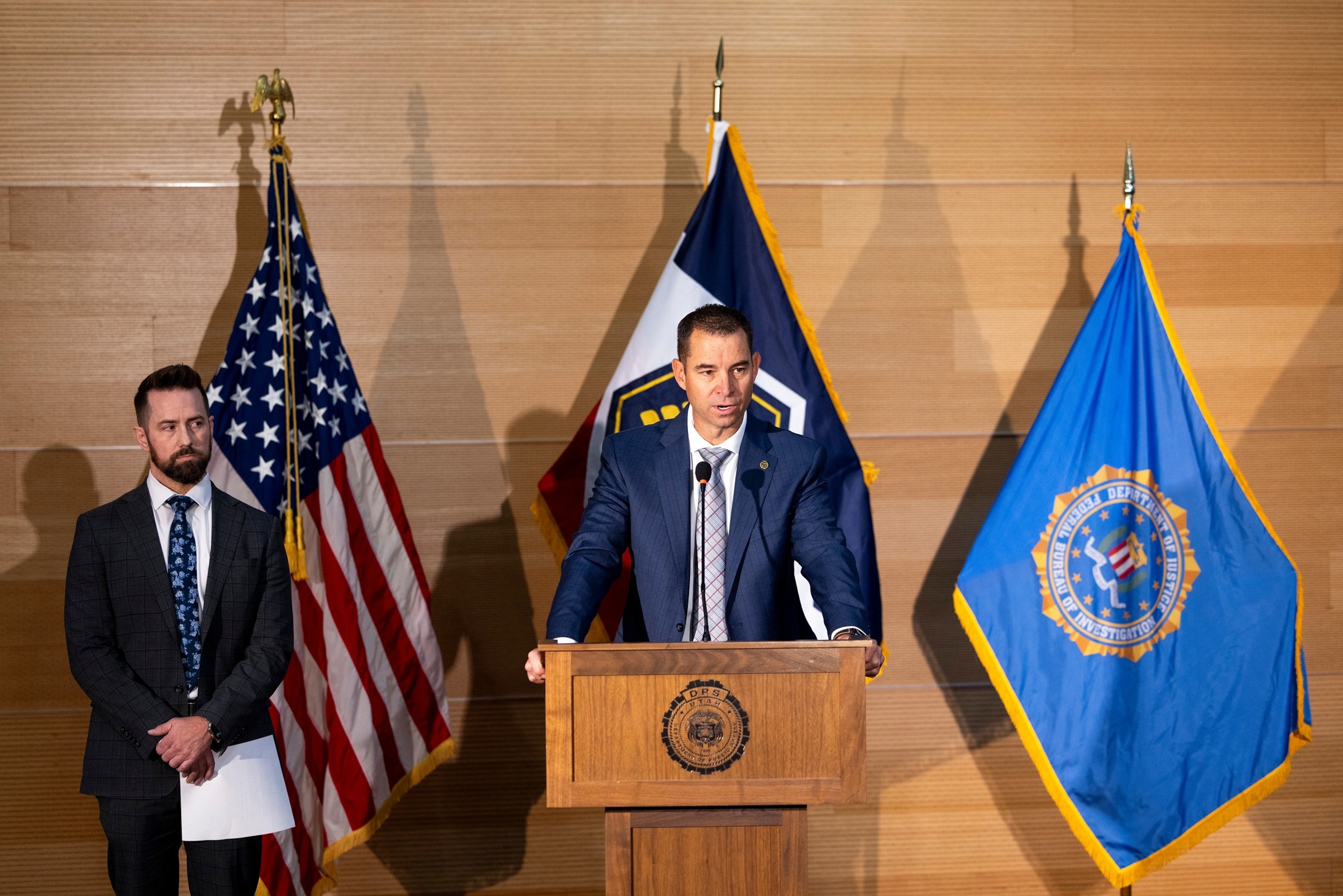 PHOTO: Utah Department of Public Safety commissioner Beau Mason, right, stands with FBI Special Agent in Charge Robert Bohls as they hold a press conference on Sept. 11, 2025 in Orem, Utah. 