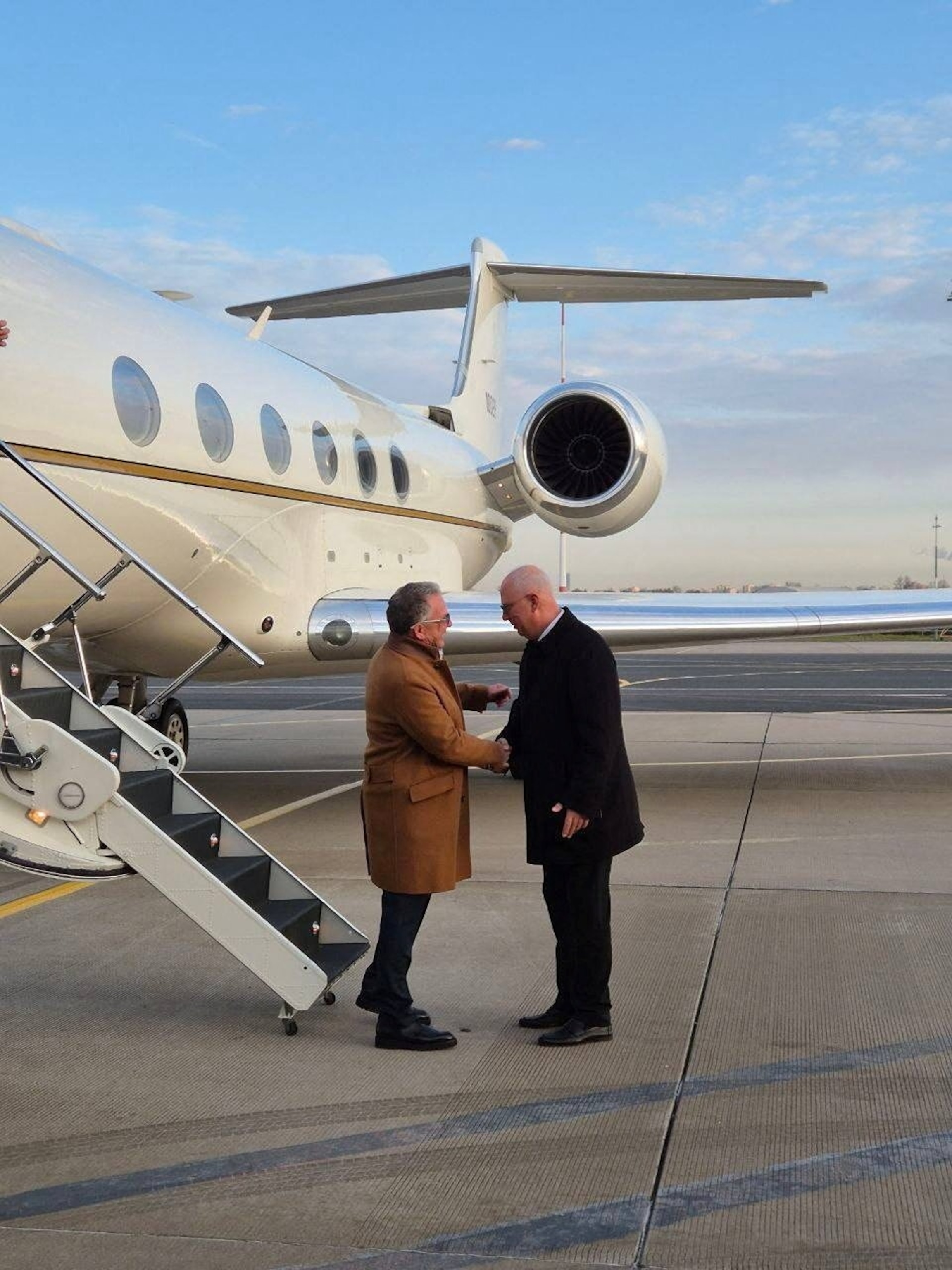 PHOTO: Russian presidential envoy Kirill Dmitriev greets U.S. special envoy Steve Witkoff upon his arrival at Pulkovo Airport in St. Petersburg, Russia, on Oct. 21, 2026.