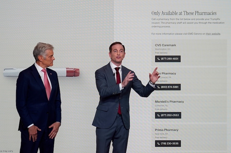 Chief Design Officer of the National Design Studio Joe Gebbia speaks as Administrator for the Centers for Medicare & Medicaid Services Mehmet Oz looks on during an event on drug pricing in the South Court Auditorium on the White House campus on February 5, 2026 in Washington, DC. (Nathan Howard/Getty Images)
