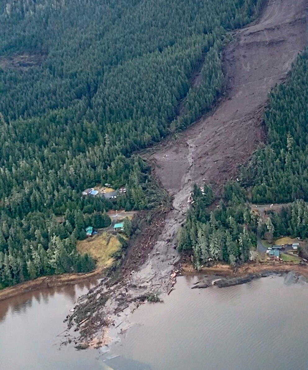 PHOTO: This image from video provided by Sunrise Aviation shows the landslide that occurred the previous evening near Wrangell, Alaska, on Nov. 21, 2023.