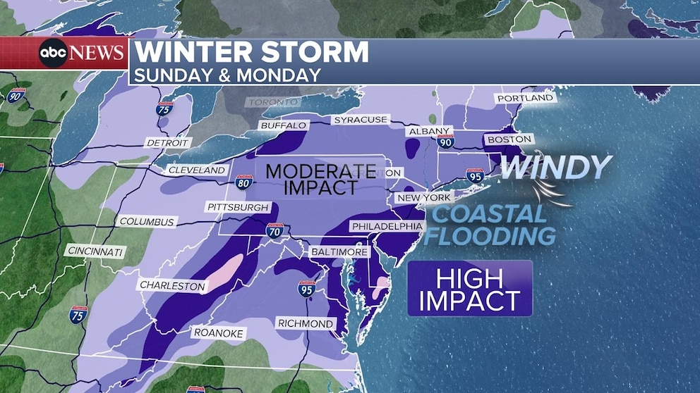 PHOTO: tTe highest impacts from Washington D.C. to Philadelphia along the I-95 corridor. There is a chance for 6” or more of snow over this region.