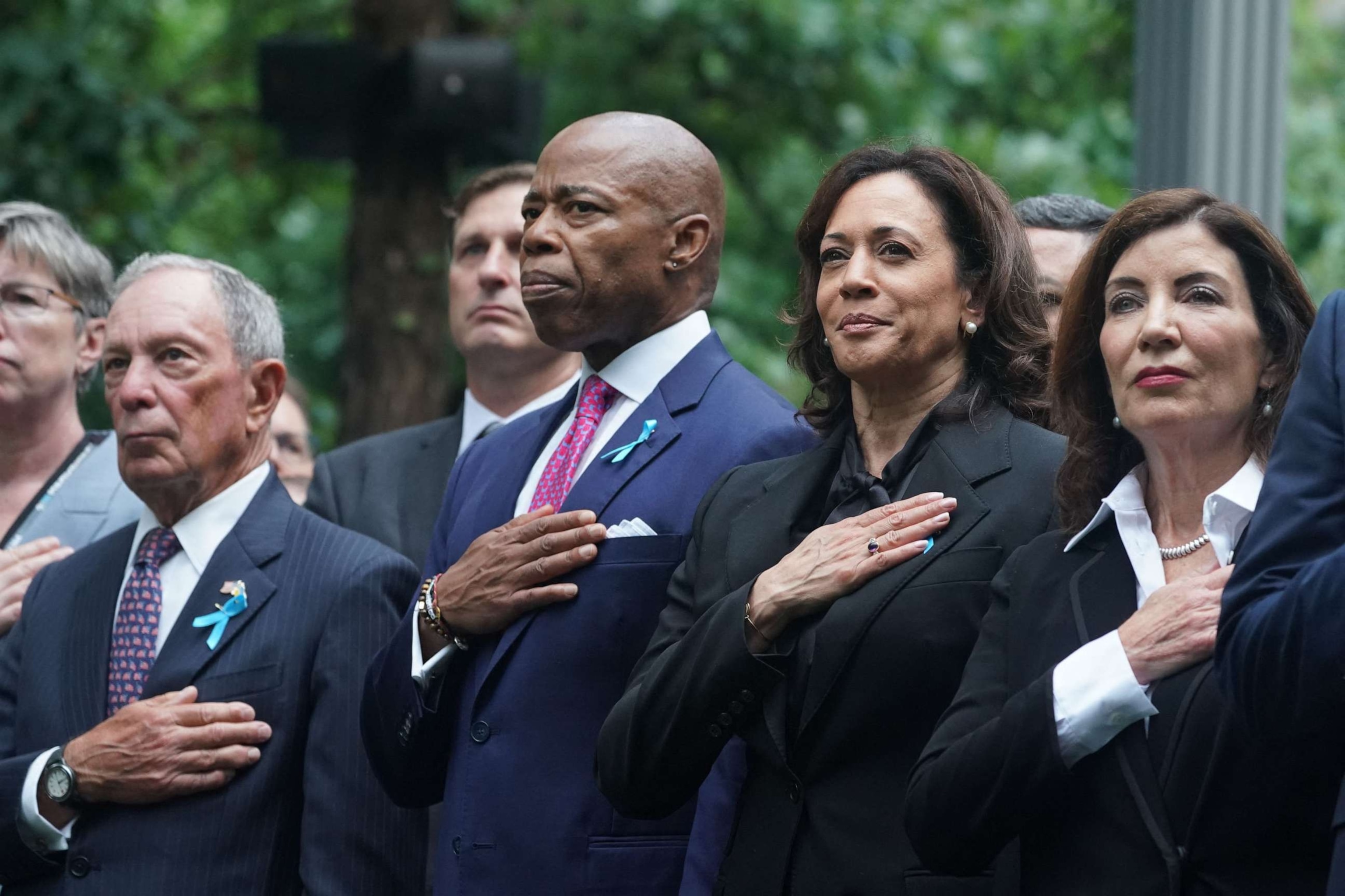 PHOTO: Former New York City Mayor Michael Bloomberg, New York City Mayor Eric Adams, Vice President Kamala Harris, and New York Governor Kathy Hochul attend a ceremony on the 22nd anniversary of the terror attack on the WTC, in New York. Sept. 11, 2023.