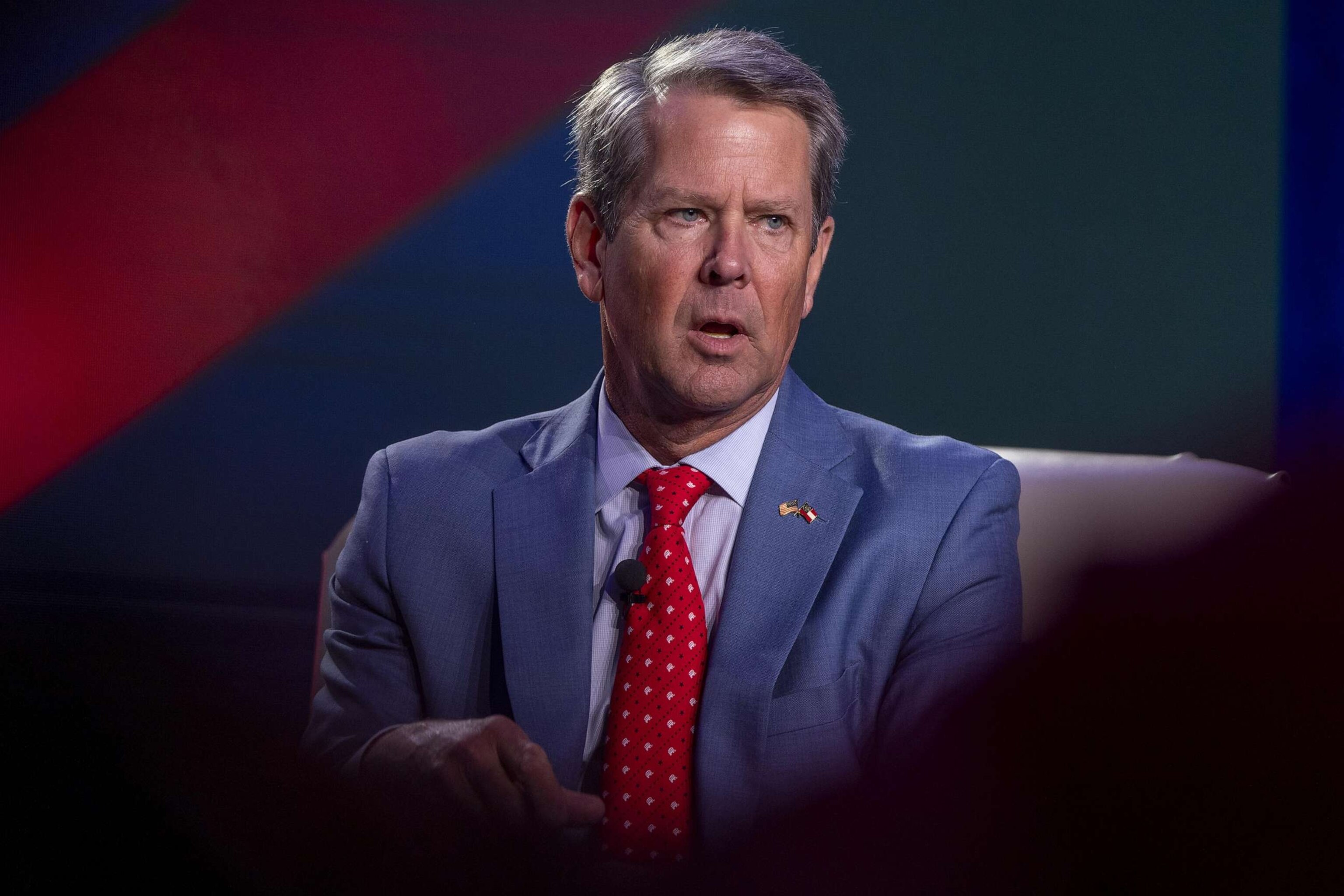 PHOTO: Brian Kemp, governor of Georgia, speaks during Erick Erickson's The Gathering event in Atlanta on Aug. 18, 2023.