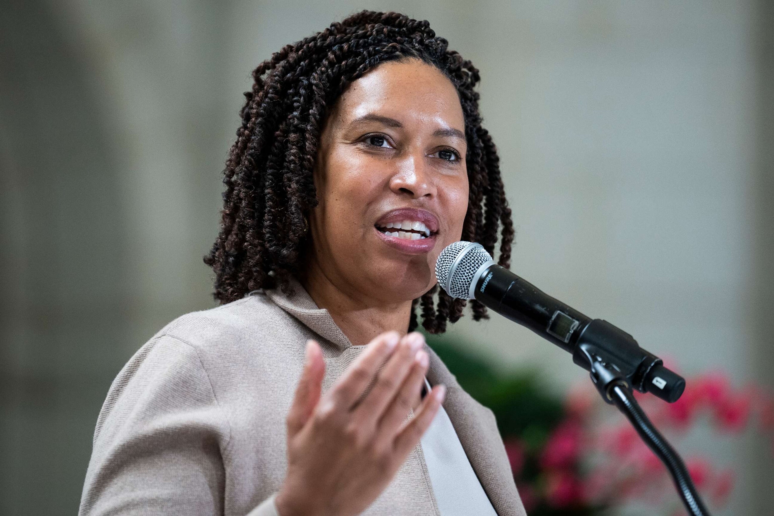 PHOTO: D.C. Mayor Muriel Bowser speaks in the main hall of Union Station during an event to kick off the Jazz in Bloom concerts series and announce initiatives to bring more people downtown, April 12, 2023.