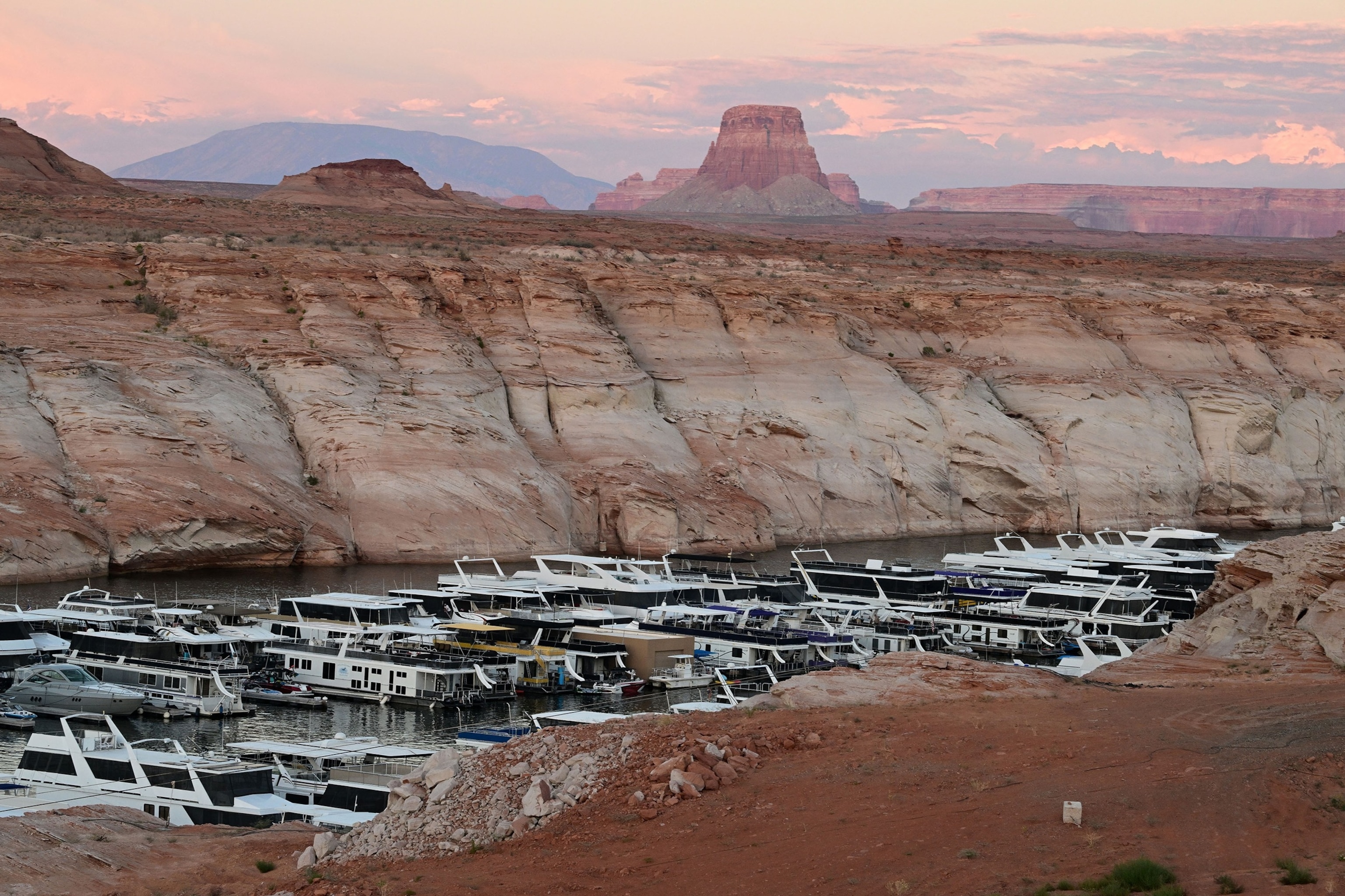 PHOTO: In this Sept. 3, 2022, file photo, boats are seen in low water at the Antelope Point Marina in Lake Powell on the Colorado River in Page, Arizona.