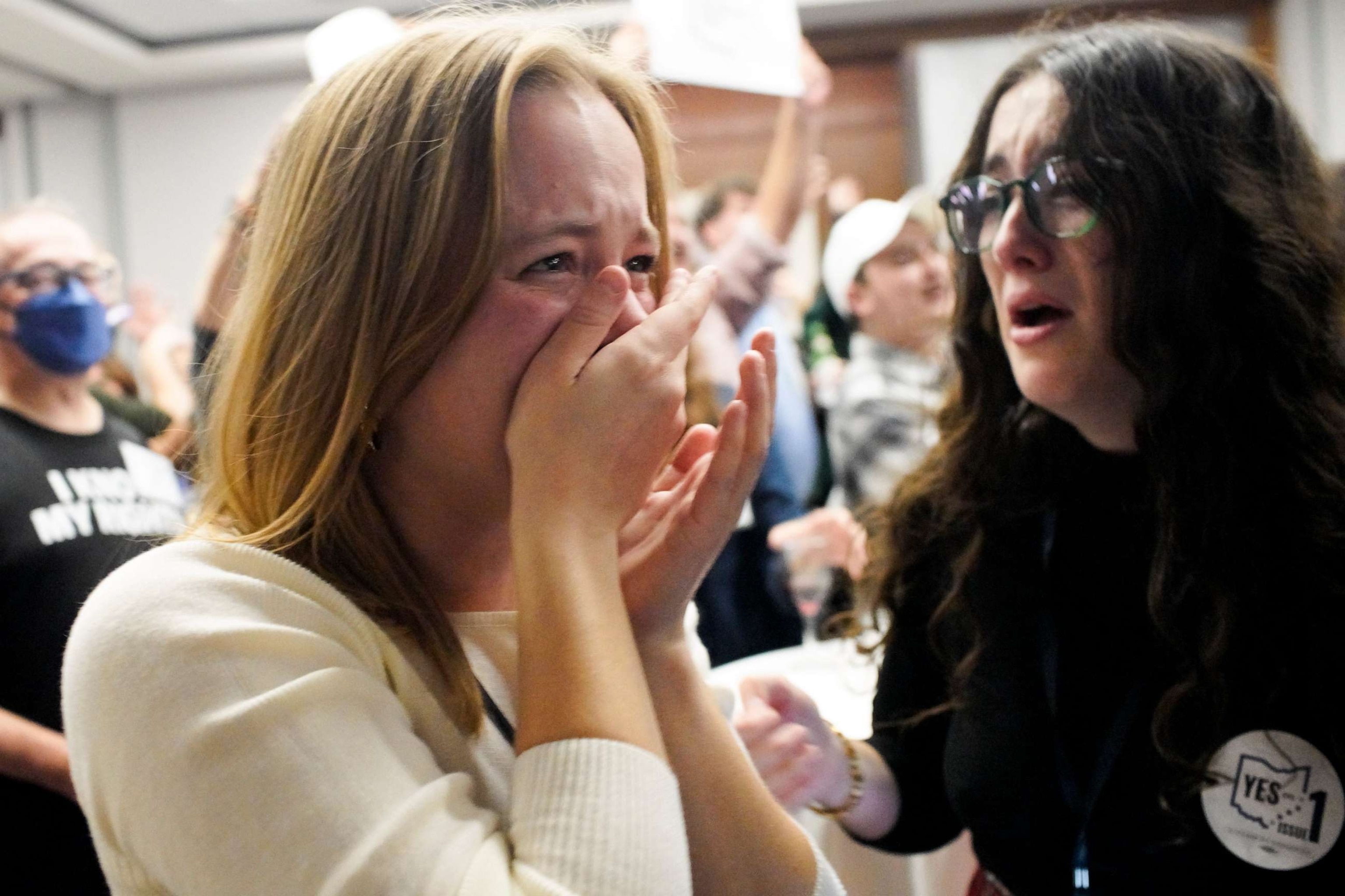 PHOTO: Supporters of Ohio Issue 1 react to the results at a watch party hosted by Ohioans United for Reproductive Rights, Nov. 7, 2023, in Columbus, Ohio.