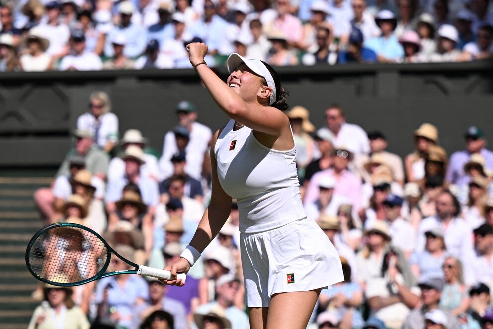 PHOTO: US player Amanda Anisimova celebrates after winning a point against Belarus's Aryna Sabalenka during their women's singles semi-final tennis match at the 2025 Wimbledon Championships in Wimbledon, southwest London, on July 10, 2025. 
