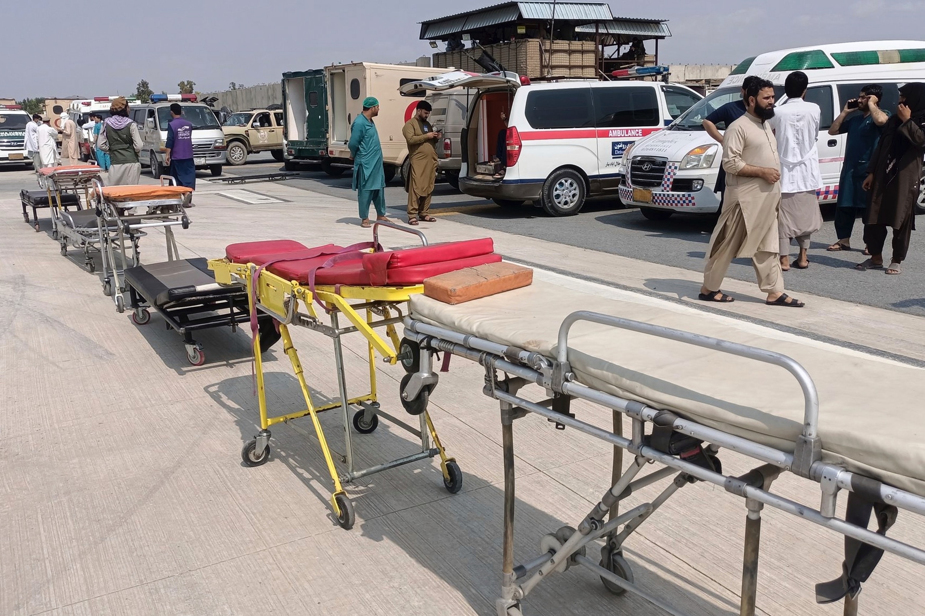 PHOTO: In this photo released by the Nangarhar Media Center, stretchers and ambulances are prepared to receive victims at Nangarhar Airport in Nangarhar, Afghanistan, Monday, Sept. 1, 2025.