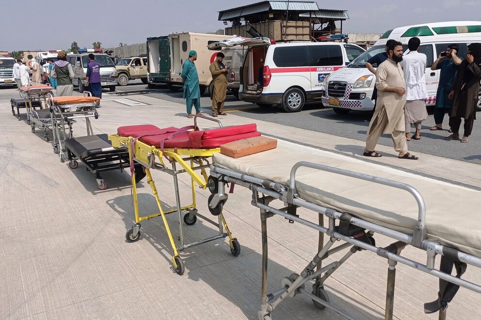 PHOTO: In this photo released by the Nangarhar Media Center, stretchers and ambulances are prepared to receive victims at Nangarhar Airport in Nangarhar, Afghanistan, Monday, Sept. 1, 2025. 