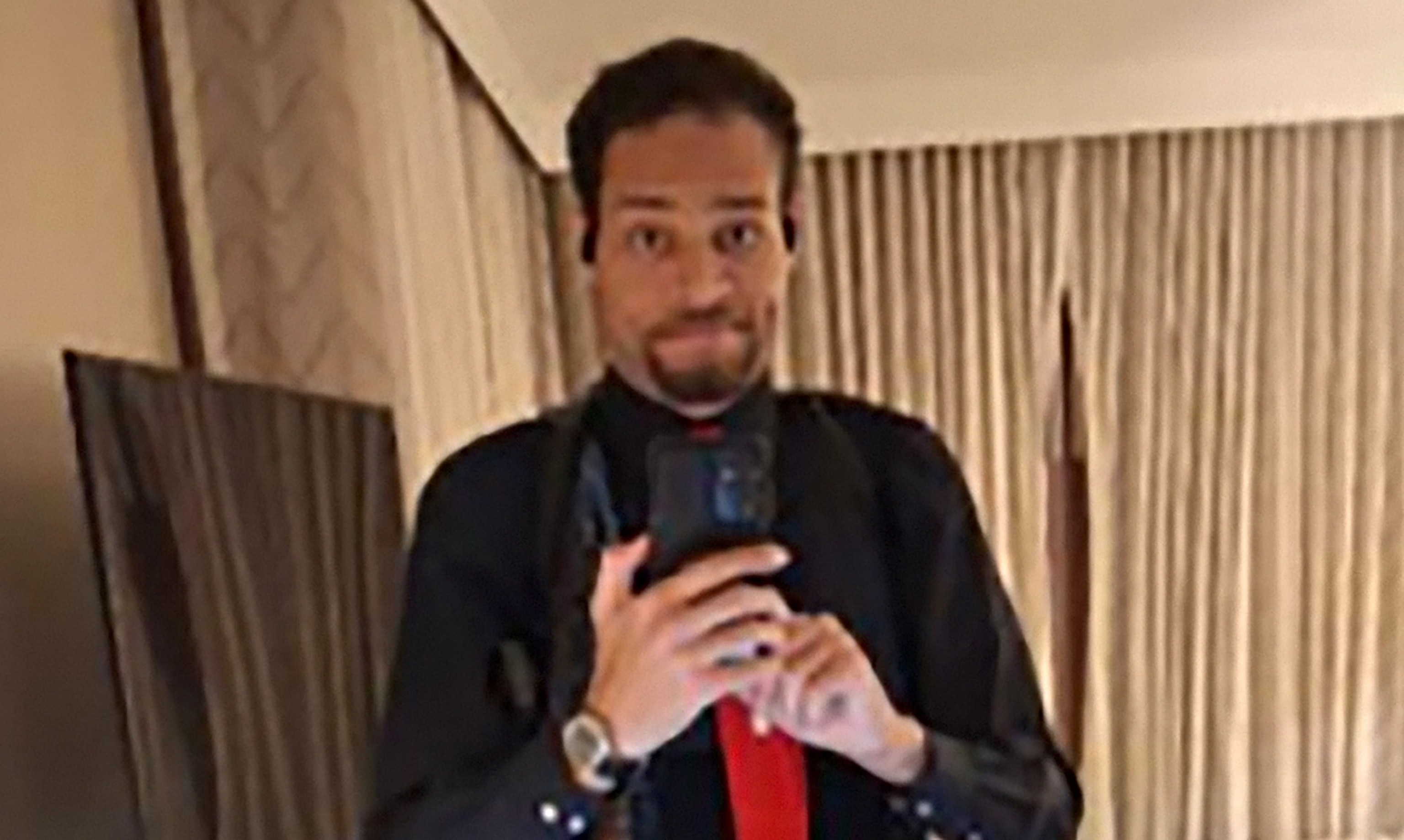 PHOTO: The Department of Justice released an image on April 29, 2026, it said was of suspect Cole Allen taking a selfie of himself in his hotel room before allegedly trying to breach security at the event while armed with multiple weapons. 