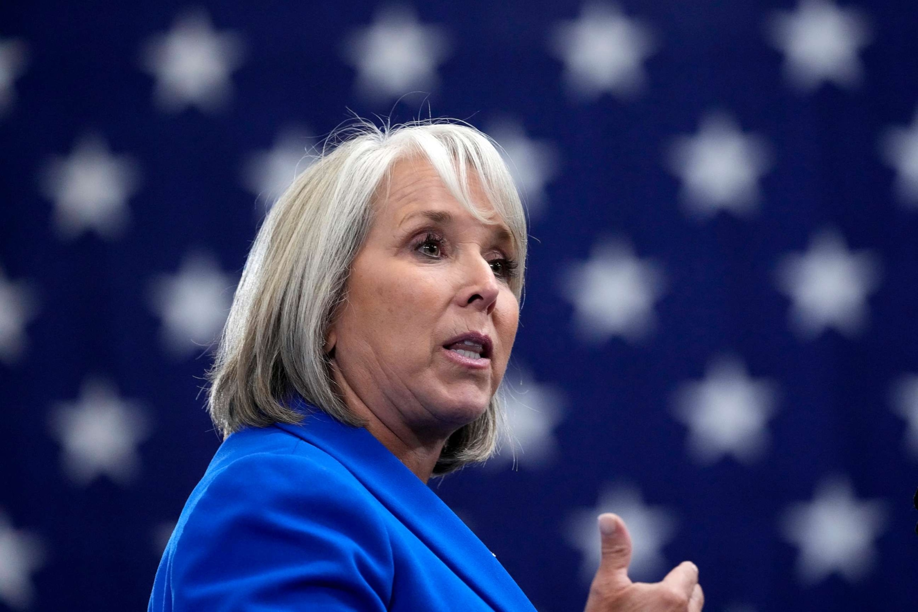 PHOTO: New Mexico Gov. Michelle Lujan Grisham speaks at the Arcosa Wind Towers, Aug. 9, 2023, in Belen, N.M.