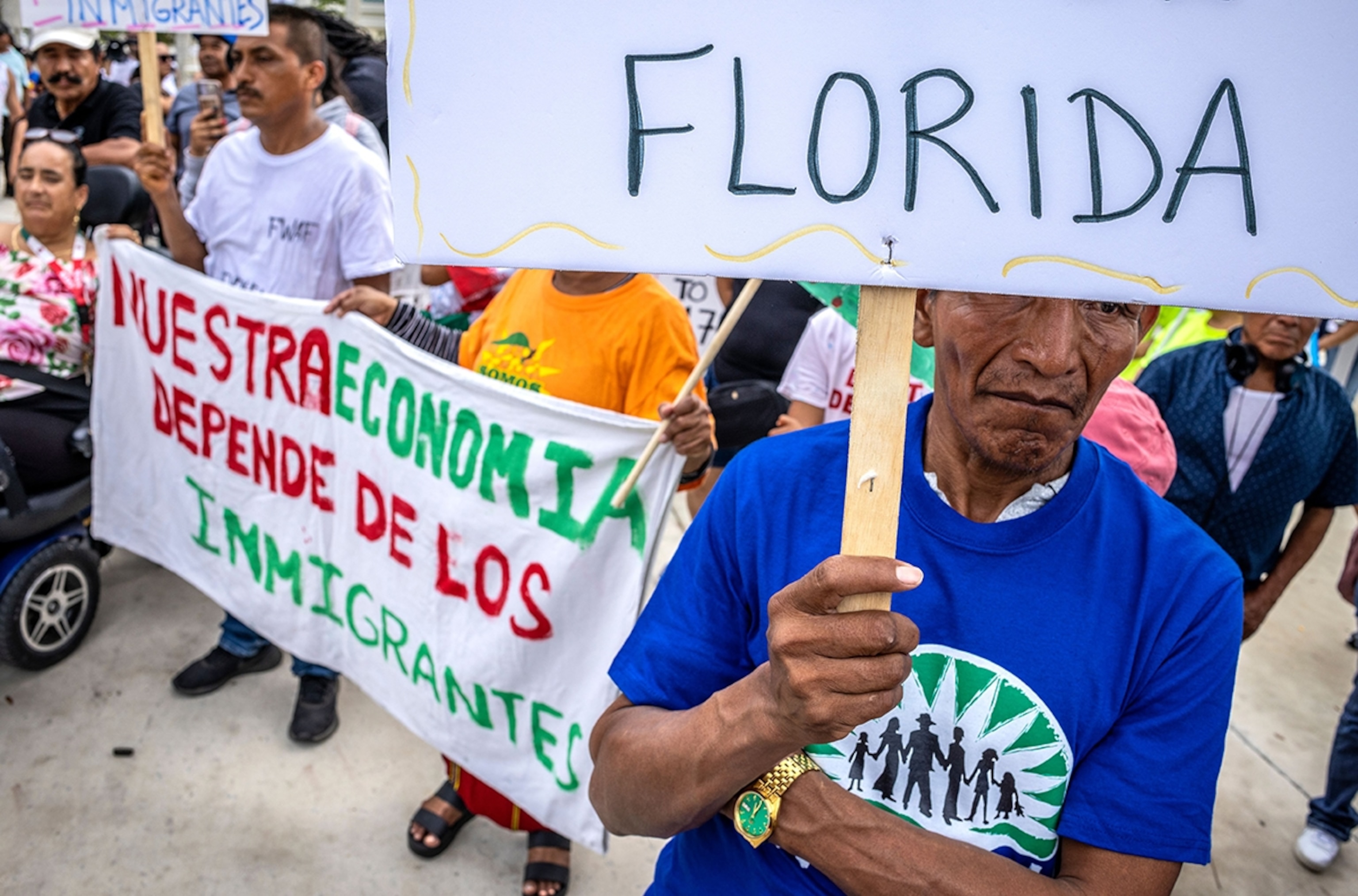 PHOTO:Members of the South Florida immigrant community demonstrate against Florida's SB1718 immigration law, in Homestead, Fla., July 1, 2023.