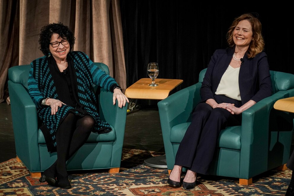 PHOTO: Supreme Court Justices Sonia Sotomayor and Amy Coney Barrett during a panel discussion at the Civic Learning Week National Forum at George Washington University, March 12, 2024, in Washington, D.C.  