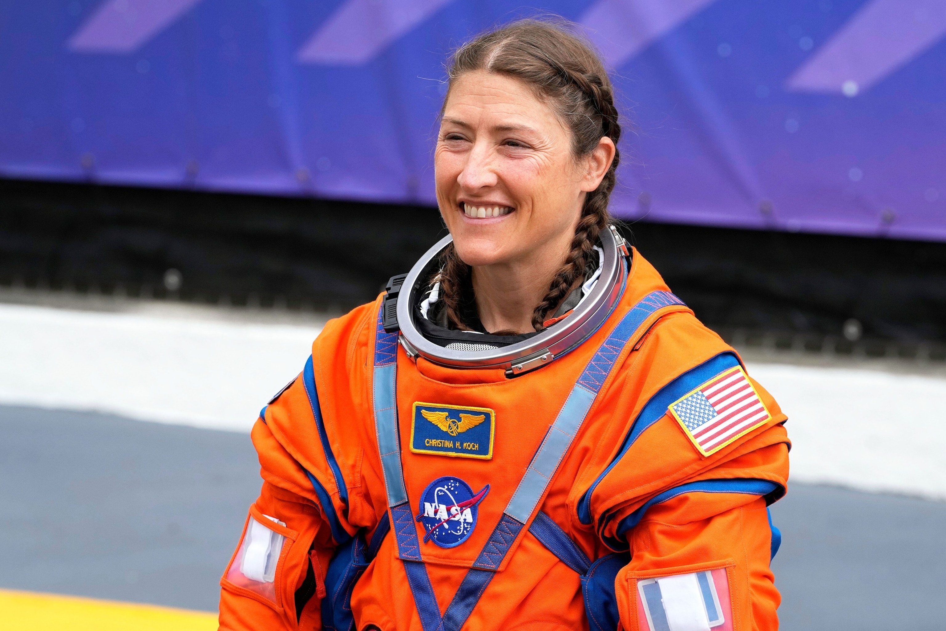 PHOTO: Astronaut Christina Koch leaves the Operations and Checkout Building for a trip to Launch Pad 39-B and a planned liftoff on NASA's Artemis II moon rocket at the Kennedy Space Center, on April 1, 2026, in Cape Canaveral, Fla. 