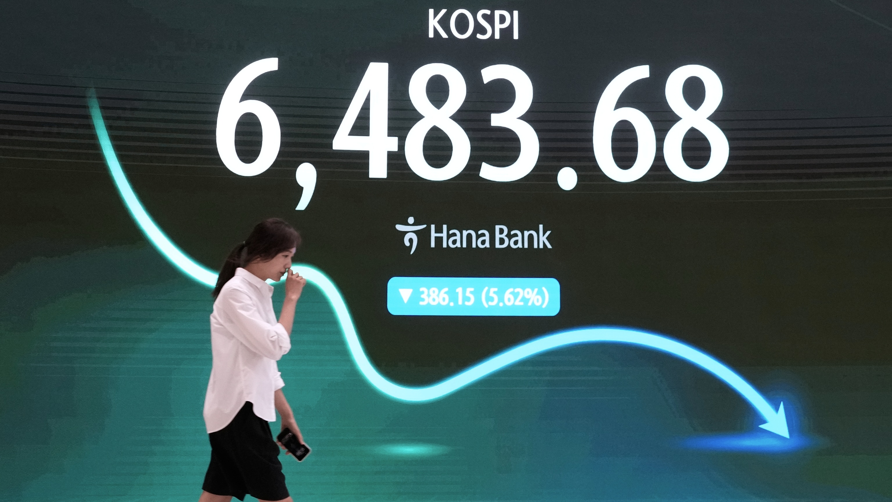 Shares fall in Asia , with Kospi down 5 . 7 %, while oil prices jump