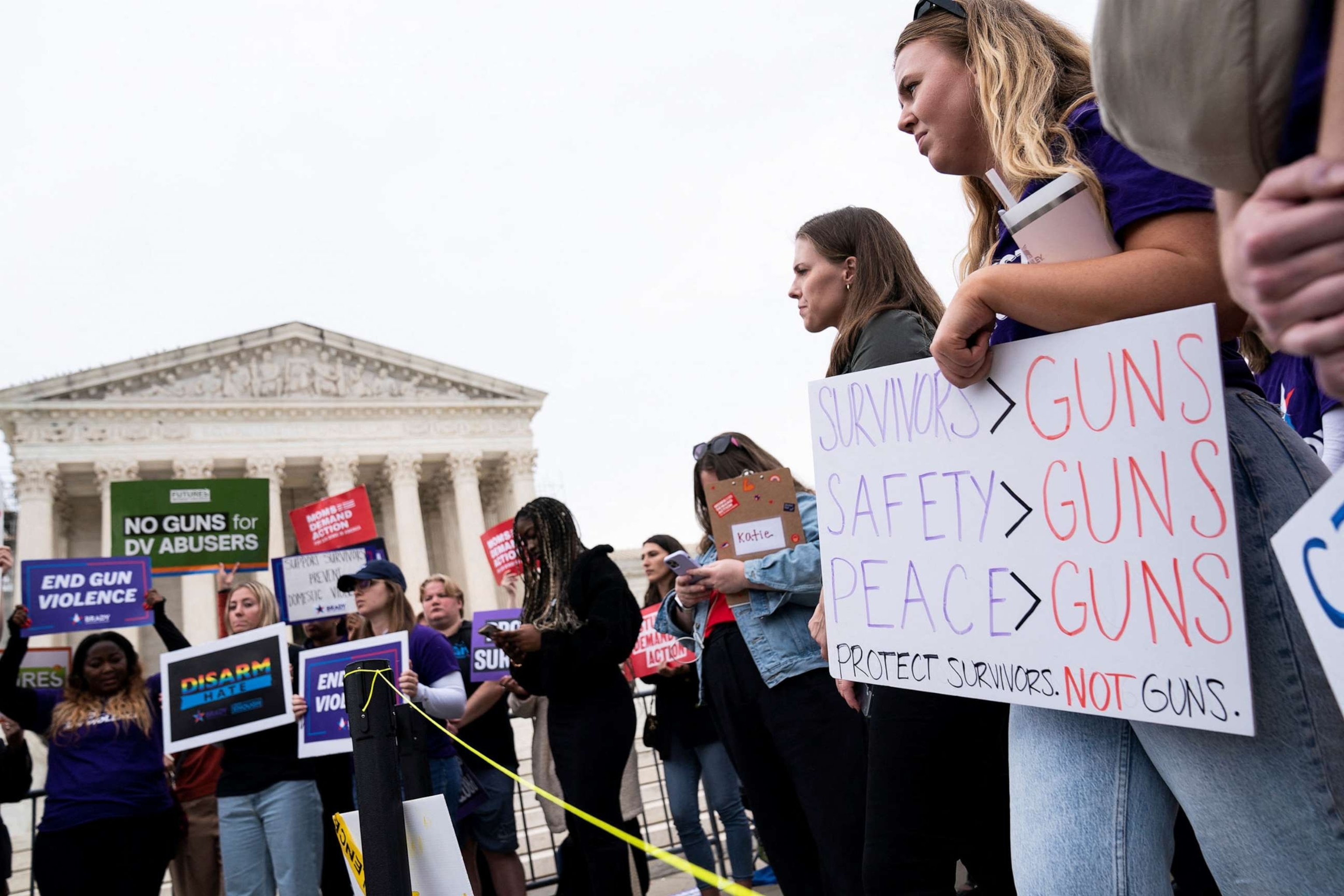 PHOTO: People participate in a demonstration as the Supreme Court considers legality of domestic-violence gun curbs at the Supreme Court in Washington, D.C., on Nov. 7, 2023.