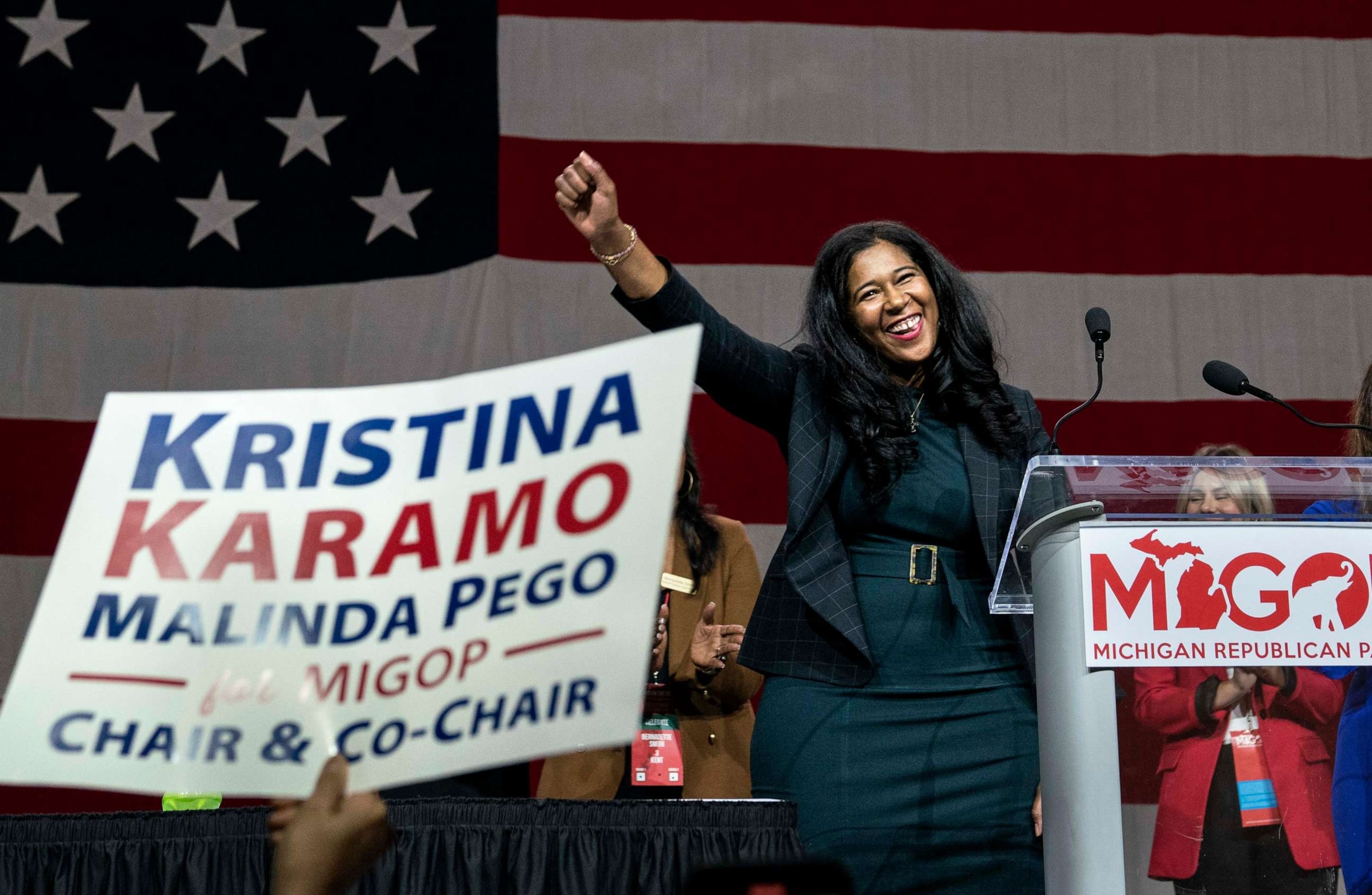 PHOTO: Kristina Karamo addresses the crowd after the final votes were tallied at the Michigan Republican Convention, Feb. 18, 2023, in Lansing, Michigan.