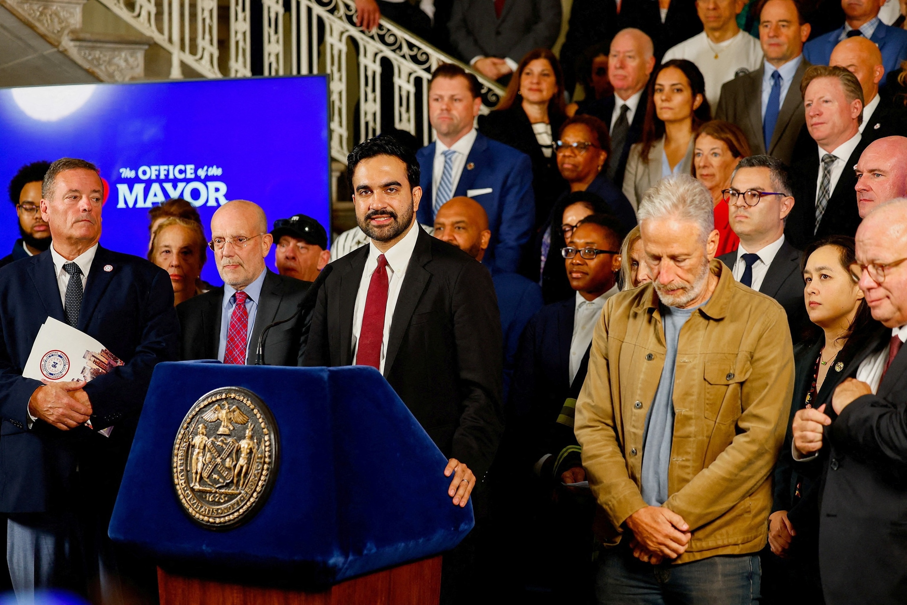 PHOTO: New York City Mayor Zohran Mamdani and actor Jon Stewart attend a press conference at City Hall in New York, September 8, 2026.